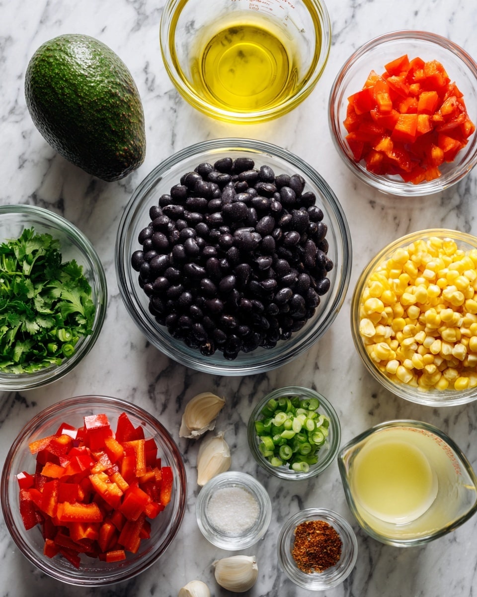 The image shows a top view of ingredients placed neatly on a white marbled surface. In the center, there is a large clear glass bowl full of black beans, dark and shiny. To the left, a whole dark green avocado sits next to a smaller clear bowl filled with bright red diced tomatoes. Below, a small bowl with finely chopped light green onions and another with chopped fresh green cilantro are arranged. In the middle top right, there is a clear measuring cup containing yellow oil. To the right of it, there is a clear bowl of yellow corn kernels and below it, another clear bowl with diced red bell peppers. Small bowls with minced garlic, white salt, and reddish-brown chili powder are placed around the cilantro bowl. A clear measuring cup with light yellow lime juice is seen at the bottom right. No plate is visible. The lighting is bright and the image is sharp, photo taken with an iphone --ar 4:5 --v 7