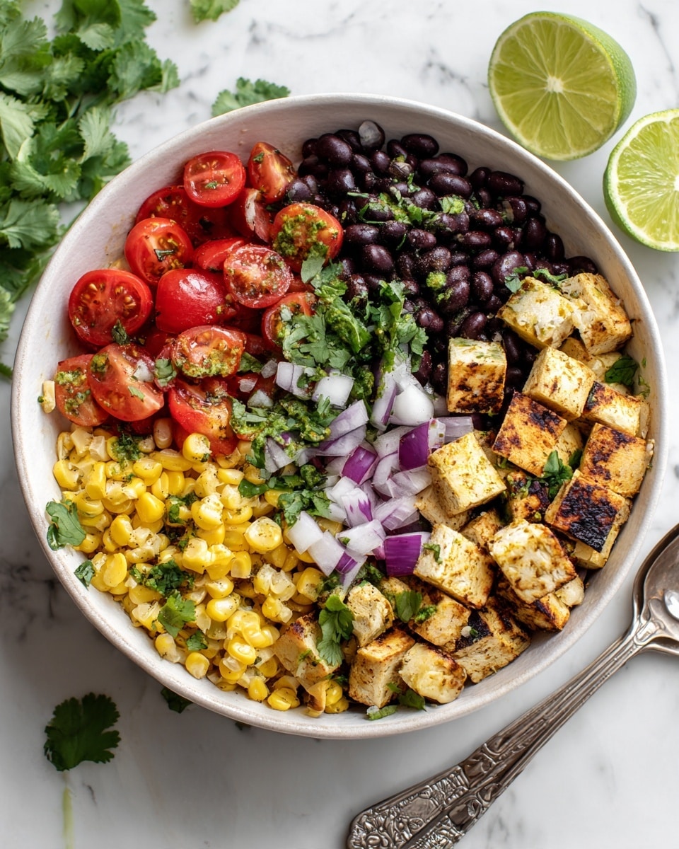A white shallow bowl filled with a colorful mix of ingredients layered evenly: the base is yellow grilled corn kernels and black beans, topped with halved bright red cherry tomatoes, small white and purple onion pieces, green cilantro leaves, and small cubes of light brown grilled meat or tofu. Beside the bowl, there is a white marbled surface with a lime cut in half and a silver spoon with intricate designs partially visible under the bowl. The overall scene is bright and fresh. Photo taken with an iphone --ar 4:5 --v 7