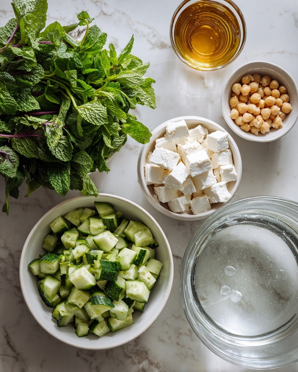 The image shows a white bowl filled with fresh green and purple herbs on the left side, next to another white bowl with diced pale green cucumber pieces. Above these bowls, there is a small white bowl of chickpeas and a glass container with light brown liquid, likely honey. To the right of the herbs, a large clear bowl filled with water and white cubes, possibly feta cheese, is visible. The entire setting is placed on a white marbled surface. Photo taken with an iphone --ar 4:5 --v 7