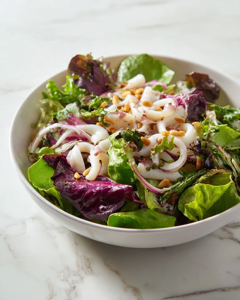 A white bowl filled with a fresh salad sits on a white marbled surface. The salad has a base layer of mixed green and purple lettuce leaves. On top, there are thin white strips of squid scattered evenly. Light brown toasted pine nuts are sprinkled over the salad, adding texture. The colors are a mix of green, purple, white, and light brown, creating a fresh and vibrant look. Photo taken with an iphone --ar 4:5 --v 7