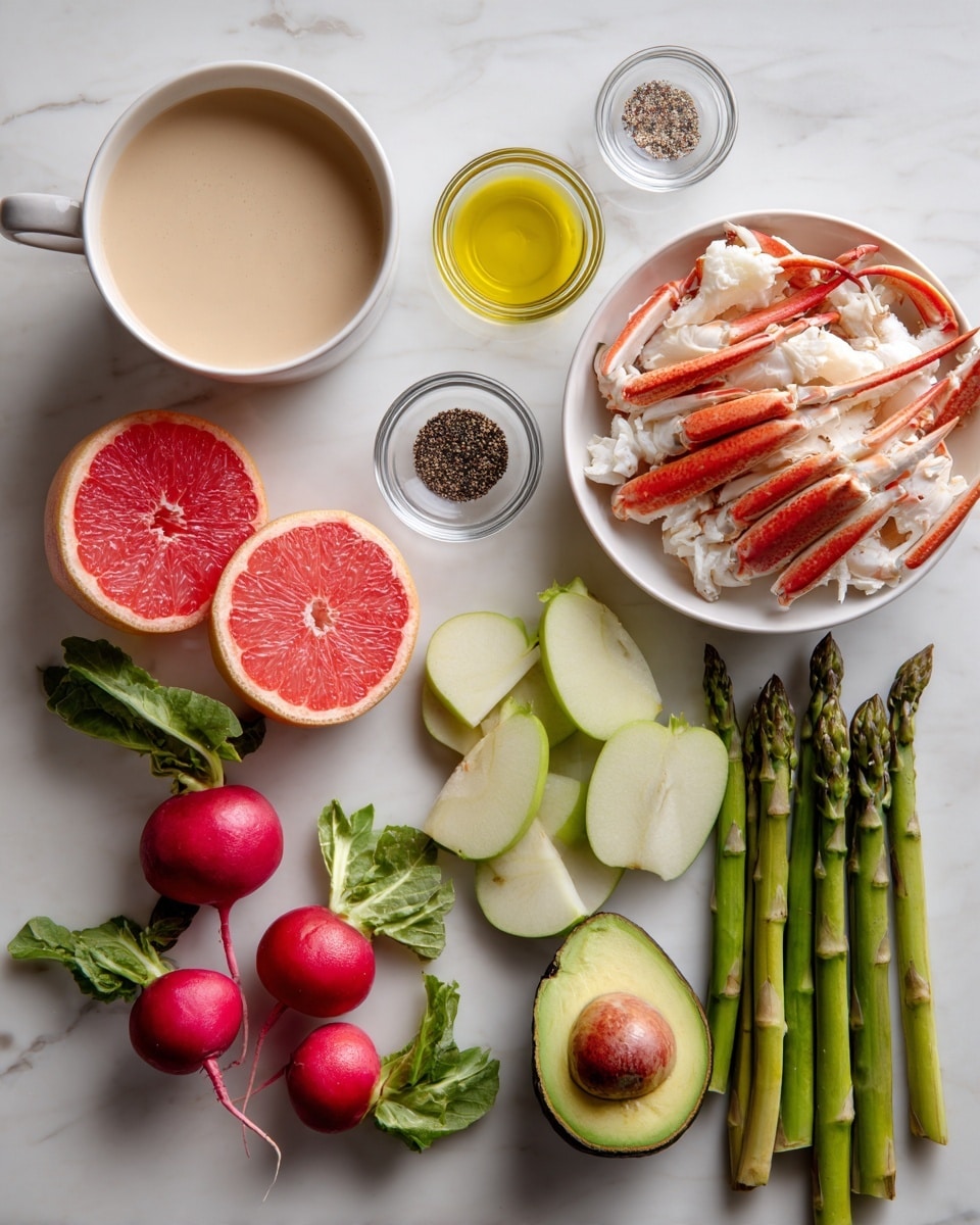 The image shows several ingredients placed neatly on a white marbled surface. There is a white cup filled with creamy light beige sauce in the top left, followed by three small clear bowls containing ground black pepper, salt, and yellow olive oil in a horizontal line near the top center. Below them, there is a white bowl filled with crab meat on top of green vegetable pieces. To the left are two bright pink grapefruit halves, and below them are two small red radishes with green leaves and three slices of green apple with red skin positioned in a descending curve. On the right side, there is a bunch of green asparagus spears with leafy tops, and lastly, a cut avocado half showing a green interior and brown seed is placed at the bottom right. All items are clean and fresh, arranged in a balanced and colorful display. Photo taken with an iphone --ar 4:5 --v 7