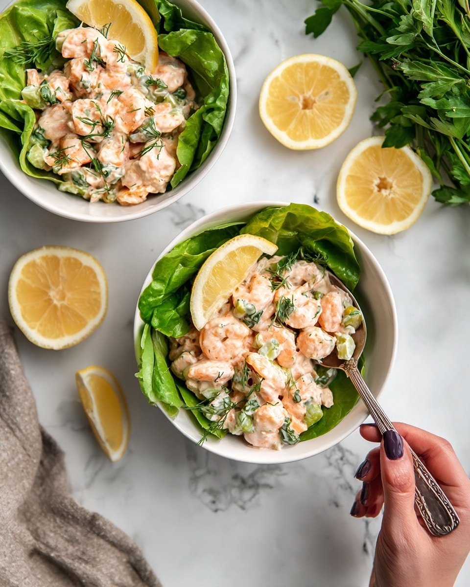The image shows two white bowls filled with creamy shrimp salad that has light pink shrimp pieces mixed with green herbs and small bits of vegetables, all covered in a smooth, slightly shiny dressing. The shrimp salad rests on fresh green leafy lettuce inside each bowl. A wedge of lemon hangs on the edge of the bowl in the front, adding a bright yellow pop. Nearby, there is a woman's hand holding a silver serving spoon over the white marbled surface. The background also shows another bowl of the same salad, some lemon wedges, and a bunch of green herbs, all placed on the white marbled texture. photo taken with an iphone --ar 4:5 --v 7