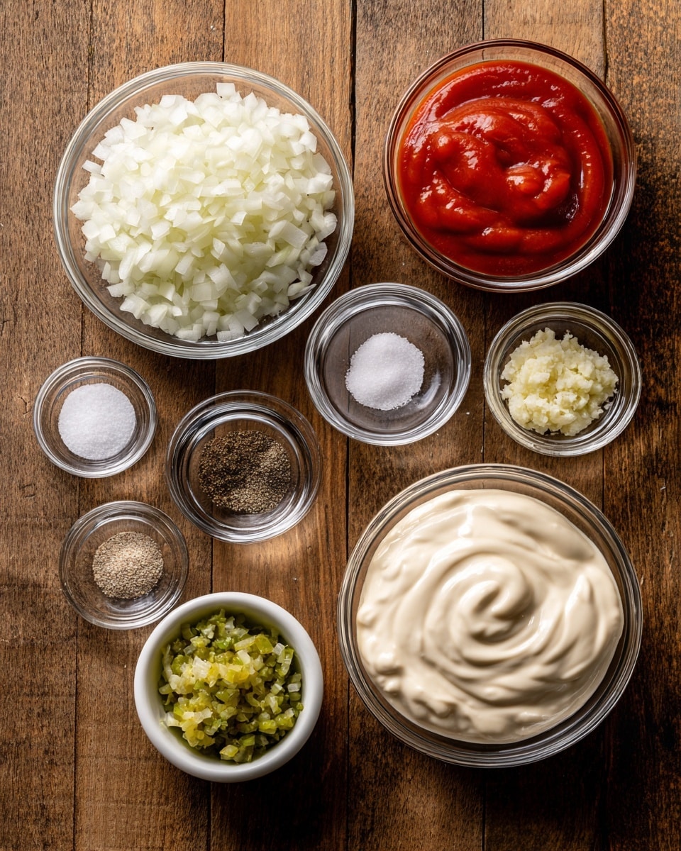 The image shows nine small clear glass and white bowls placed on a wooden surface, each containing different ingredients. There is a large bowl filled with smooth, creamy white mayonnaise on the right side. To its left, there is a medium bowl filled with finely chopped white onions. Above the onions, a bowl holds thick, bright red ketchup with a smooth texture. Moving clockwise, there are smaller clear bowls containing a few drops of clear liquid, granulated sugar, coarsely ground black pepper, and a small amount of white salt. Below the onions, a small white bowl holds finely chopped pale yellow garlic, and underneath that, a white bowl contains green relish with visible chunks. The warm wooden surface contrasts with the freshness of the ingredients. Photo taken with an iphone --ar 4:5 --v 7