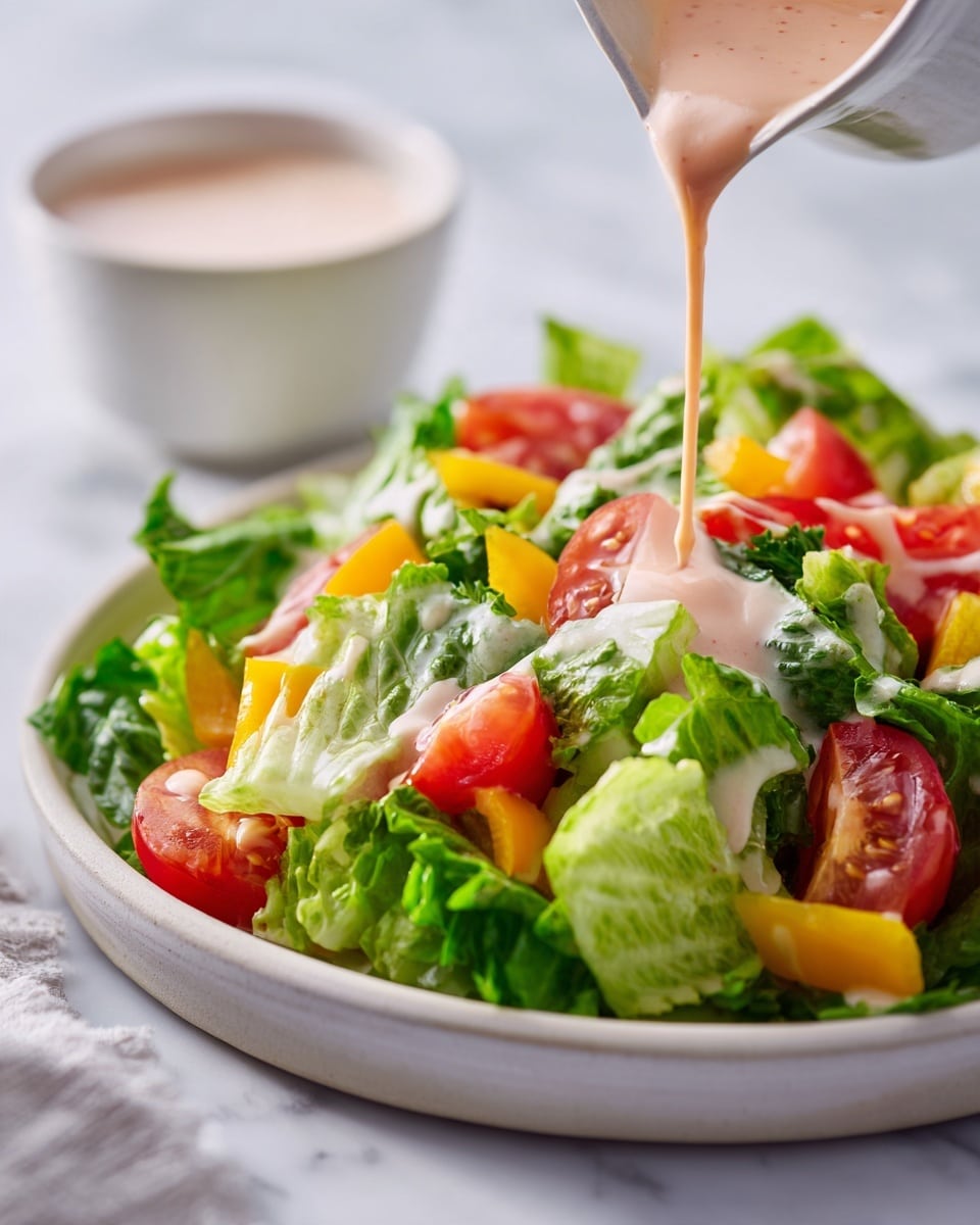 A white plate sits on a white marbled surface filled with a salad made of chopped green lettuce and bright red tomato pieces mixed with small yellow bell pepper chunks. A white bowl to the side holds a creamy light pink dressing that is being poured slowly in thick streams onto the fresh salad, creating soft ribbons of dressing resting on the vegetables. The scene is bright and colorful with crisp textures from the fresh veggies and smooth, glossy dressing. The photo taken with an iphone --ar 4:5 --v 7