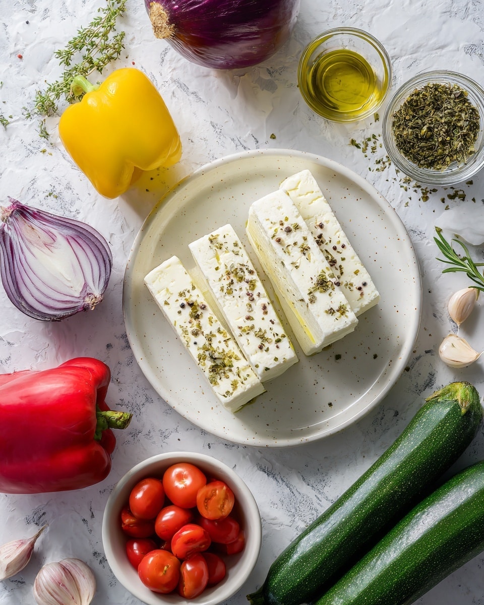The image shows fresh ingredients arranged neatly on a white marbled surface. In the center, a white plate holds two rectangular blocks of white cheese with small holes and sprinkled with black pepper. Around the plate, there is a small white bowl filled with golden olive oil, a small glass container of dried green herbs, and a separate white bowl full of small red cherry tomatoes. To the sides, there is a bright yellow bell pepper on the left, a red bell pepper on the bottom left, and a purple onion beside two long dark green zucchinis on the bottom right. A small garlic clove is placed near the olive oil. The scene is well-lit with soft natural light. Photo taken with an iphone --ar 4:5 --v 7