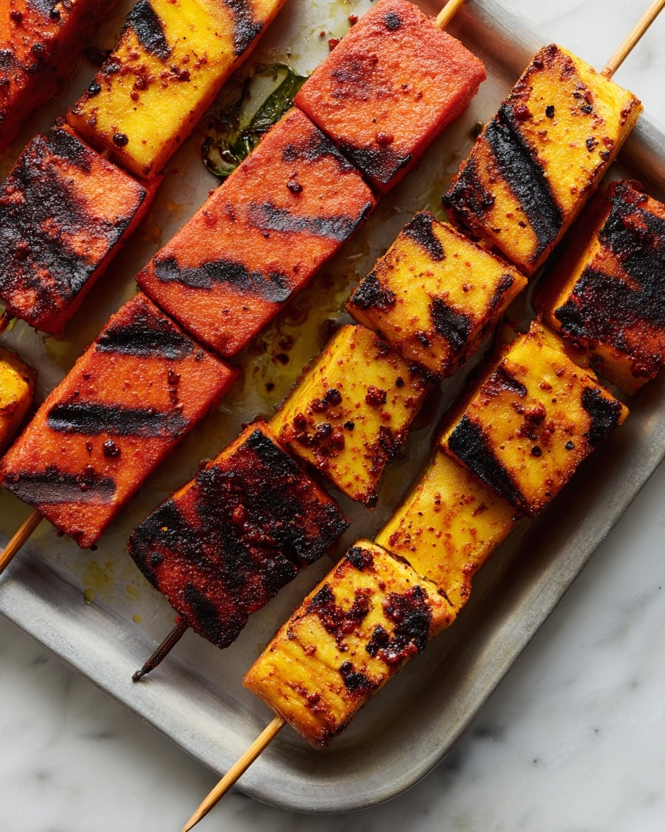 There are grilled skewers arranged on a metal tray set on a white marbled surface. Each skewer has two rectangular pieces, one orange-red and one golden with brown grill marks, stacked side by side. The orange-red pieces have a slightly shiny, smooth texture with specks of spices, while the golden pieces show more charred lines and a slightly rougher surface. The skewers are placed randomly but overlapping in parts on the tray which has some small splashes of oil and spices. Photo taken with an iphone --ar 4:5 --v 7