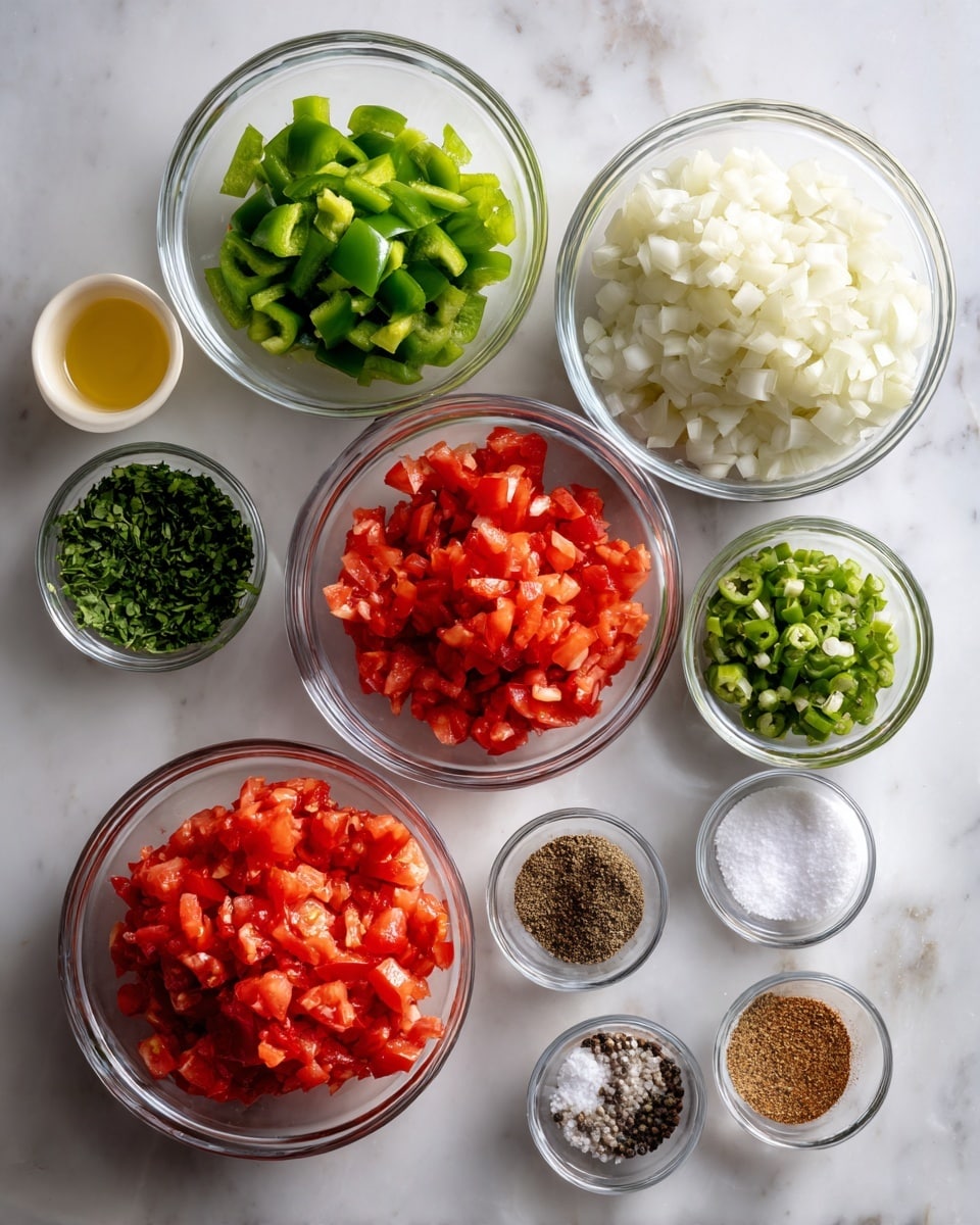 The image shows eight small clear glass bowls arranged on a white marbled surface. The biggest bowl in the center right has a large pile of finely chopped white onions. To its bottom left is another large bowl filled with finely chopped red tomatoes. Above the tomatoes is a medium bowl with chopped green bell peppers. Directly below the onions is a small bowl of chopped fresh green herbs. Above the onions, in the top right, is a very small bowl with finely chopped green jalapeños. To the right of the jalapeños are three tiny bowls, each holding a different spice: one with brown ground cumin, one with coarse black pepper, and one with white salt. Above the green bell peppers, slightly left in the top center, is a small bowl with a pale yellow liquid, likely lemon or lime juice. photo taken with an iphone --ar 4:5 --v 7