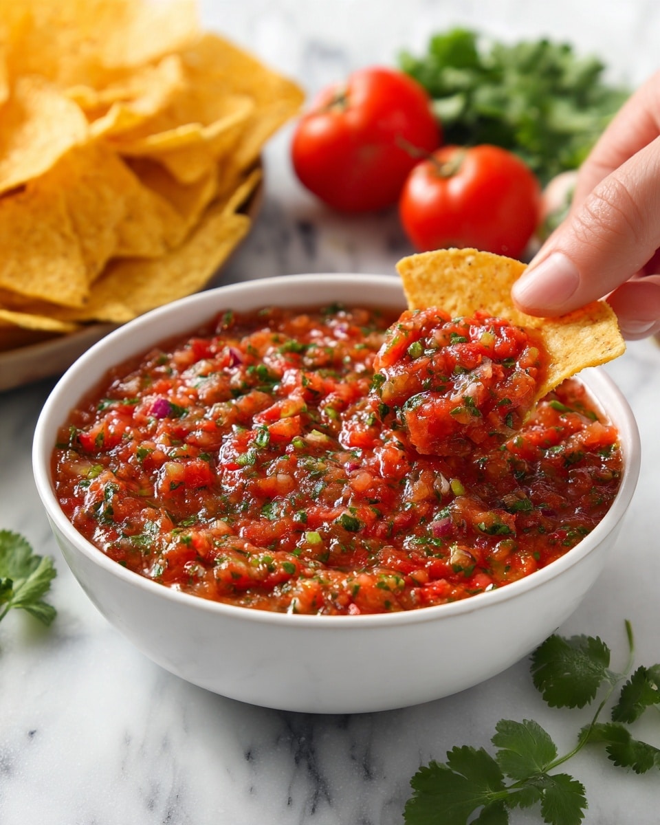 The image shows a white bowl filled with red salsa, which has a chunky texture with visible pieces of tomatoes, onions, and herbs mixed in. The bowl is placed on a white marbled surface. Behind the bowl, there are crisp yellow tortilla chips stacked loosely, and on the right side, bright red whole tomatoes and some fresh green cilantro leaves are present. A woman's hand holds a chip, poised to dip it into the salsa. The colors are vibrant, with the red salsa and tomatoes contrasting against the white bowl and chips. The scene is bright and fresh-looking. photo taken with an iphone --ar 4:5 --v 7