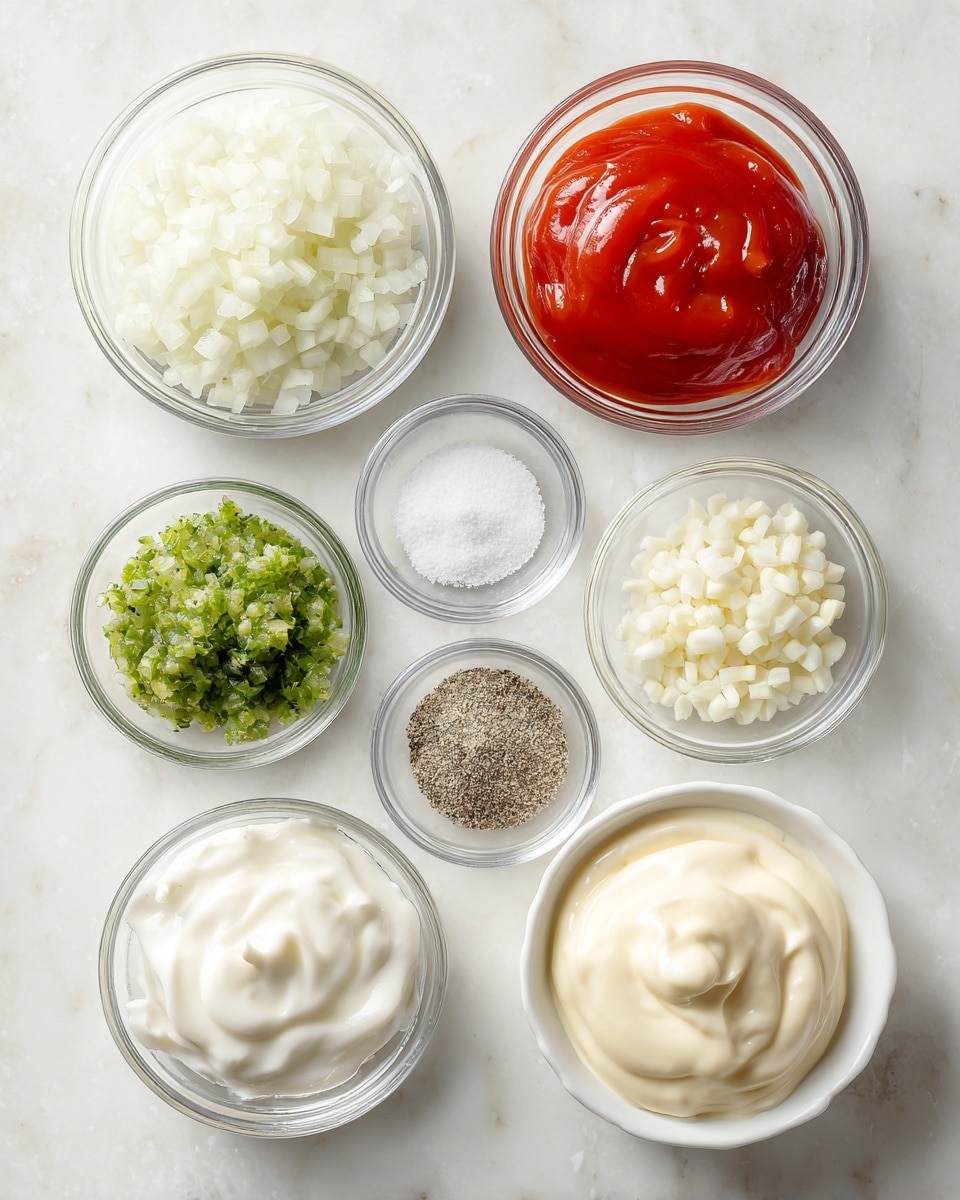The image shows eight small clear glass bowls and one white bowl arranged on a white marbled texture. Starting from the top left is a bowl full of finely chopped white onions. Next to it is a bowl with bright red ketchup. To the right is an empty small glass bowl. Below the onions is a small white bowl filled with chopped garlic, and next to it is a small bowl with white salt. Below the garlic is a small glass bowl with granulated white sugar, and next to it is a small bowl with ground black pepper. On the far left bottom is a small white bowl filled with green relish. On the right side the white bowl is filled with creamy white mayonnaise that looks smooth and thick. The bowls are neatly arranged in a grid on the surface. photo taken with an iphone --ar 4:5 --v 7