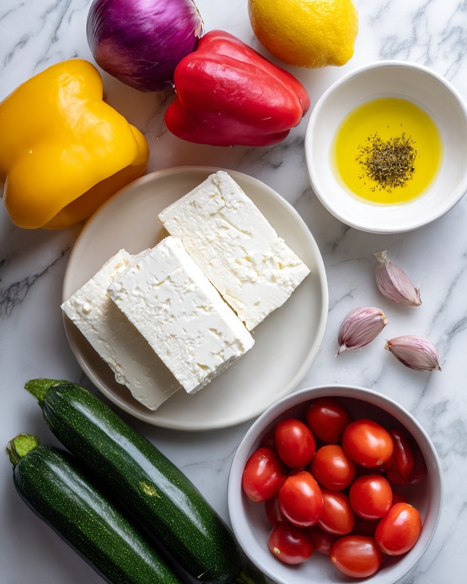 The image shows fresh ingredients laid out on a white marbled surface, including a white plate with two white blocks of feta cheese that have a soft, crumbly texture. Nearby are a small white bowl filled with bright yellow oil and a small pile of dried herbs. A white bowl on the right contains shiny red cherry tomatoes. Around the bowls and plate, there are colorful vegetables: a yellow bell pepper, a red bell pepper, a smooth purple onion, two dark green zucchinis, and a bright yellow lemon. Two small garlic cloves are placed near the oil bowl, all arranged neatly in a flat lay style. photo taken with an iphone --ar 4:5 --v 7