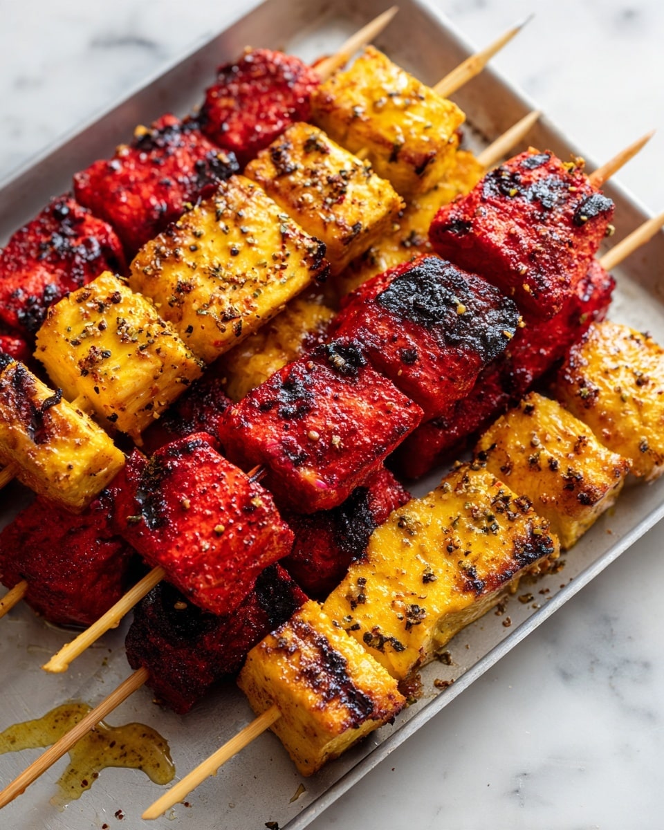 There are eight grilled skewers on a metal tray placed on a white marbled surface. Each skewer has two layers: the first layer is a golden yellow grilled piece with dark char lines, and the second layer is a bright red grilled piece with specks of black seasoning and grill marks. The skewers are scattered casually on the tray with some oil stains visible. The wooden ends of the skewers are light brown and flat. Photo taken with an iphone --ar 4:5 --v 7