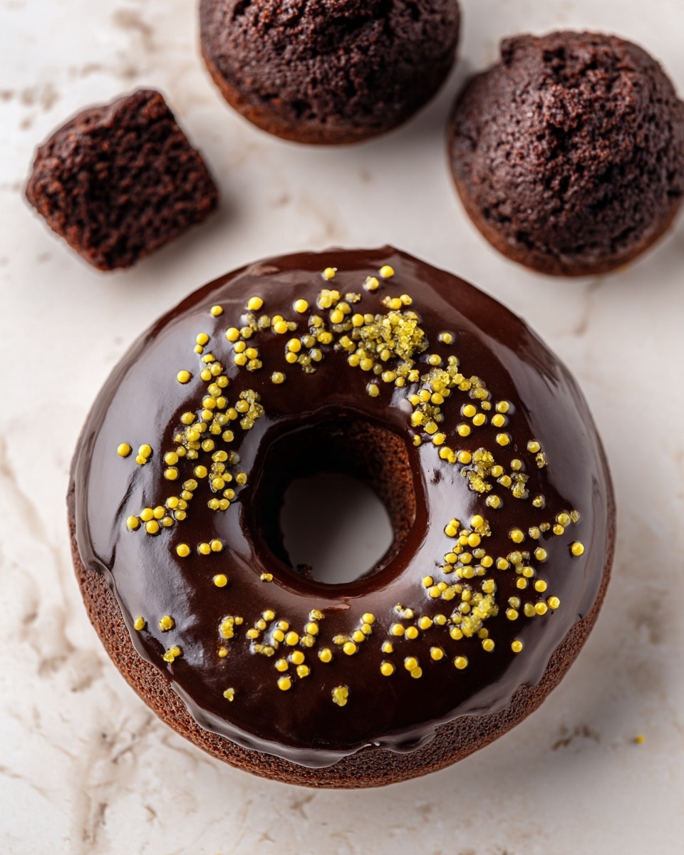 The image shows one chocolate donut with smooth, shiny chocolate glaze and small yellow round sprinkles evenly spread on top, placed on a white marbled surface. On top of the donut, there are two smaller pieces of a chocolate muffin with a rough, crumbly texture and a dark brown color. The arrangement highlights the glossy donut in the center with the soft, crumbly muffins adding contrast. Photo taken with an iphone --ar 4:5 --v 7