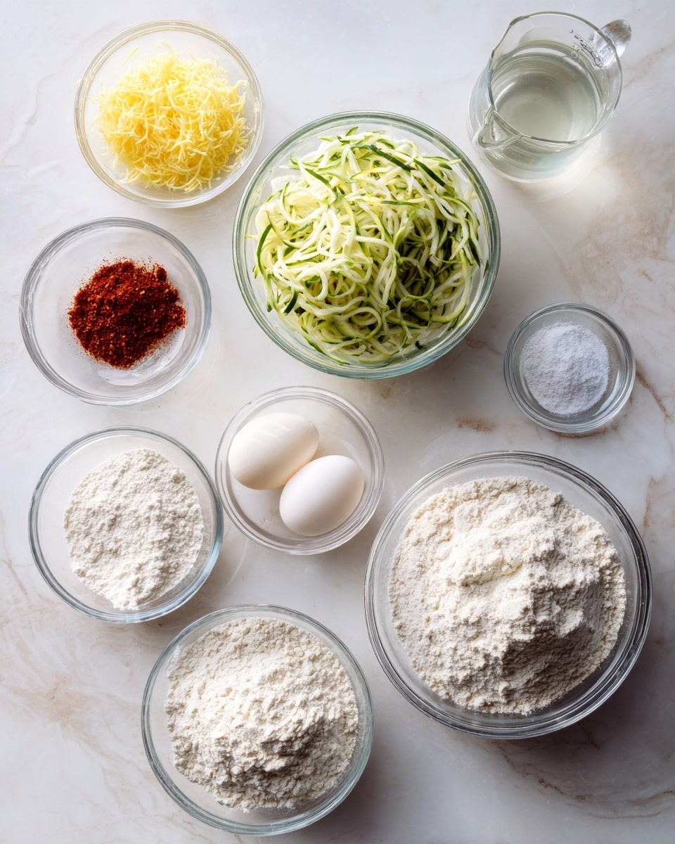 The image shows a white marbled surface with several clear glass bowls arranged neatly. Starting from the top left, there is a small bowl with yellow grated zest, next to it a smaller bowl containing a reddish powder, and a large bowl filled with shredded green zucchini placed centrally near the top. To the right, there's a glass pitcher with a clear liquid. Below these, from left to right, there is a bowl with white granulated sugar, a raw egg in a small glass bowl, a larger bowl filled with white flour, and a tiny bowl with a white powder, possibly baking powder, near the bottom right. The overall scene looks clean and organized with a soft natural light. Photo taken with an iphone --ar 4:5 --v 7