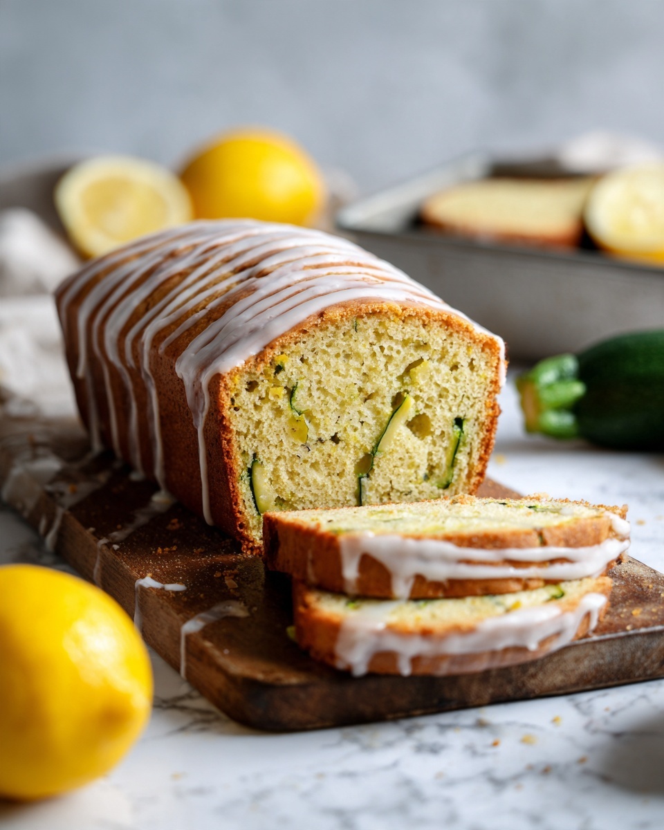 The image shows a loaf of bread placed on a wooden board over a white marbled surface. The bread is sliced to reveal a soft, light green interior mixed with small dark green pieces. A shiny white glaze is drizzled on top of the loaf, giving a smooth texture with thin uneven lines crossing the top. To the left side, there are two whole yellow lemons and a half lemon, adding bright yellow color. In the background, slightly blurred, there is a silver baking tray with more bread and two green zucchinis to the right side. The overall scene has soft, natural lighting. photo taken with an iphone --ar 4:5 --v 7