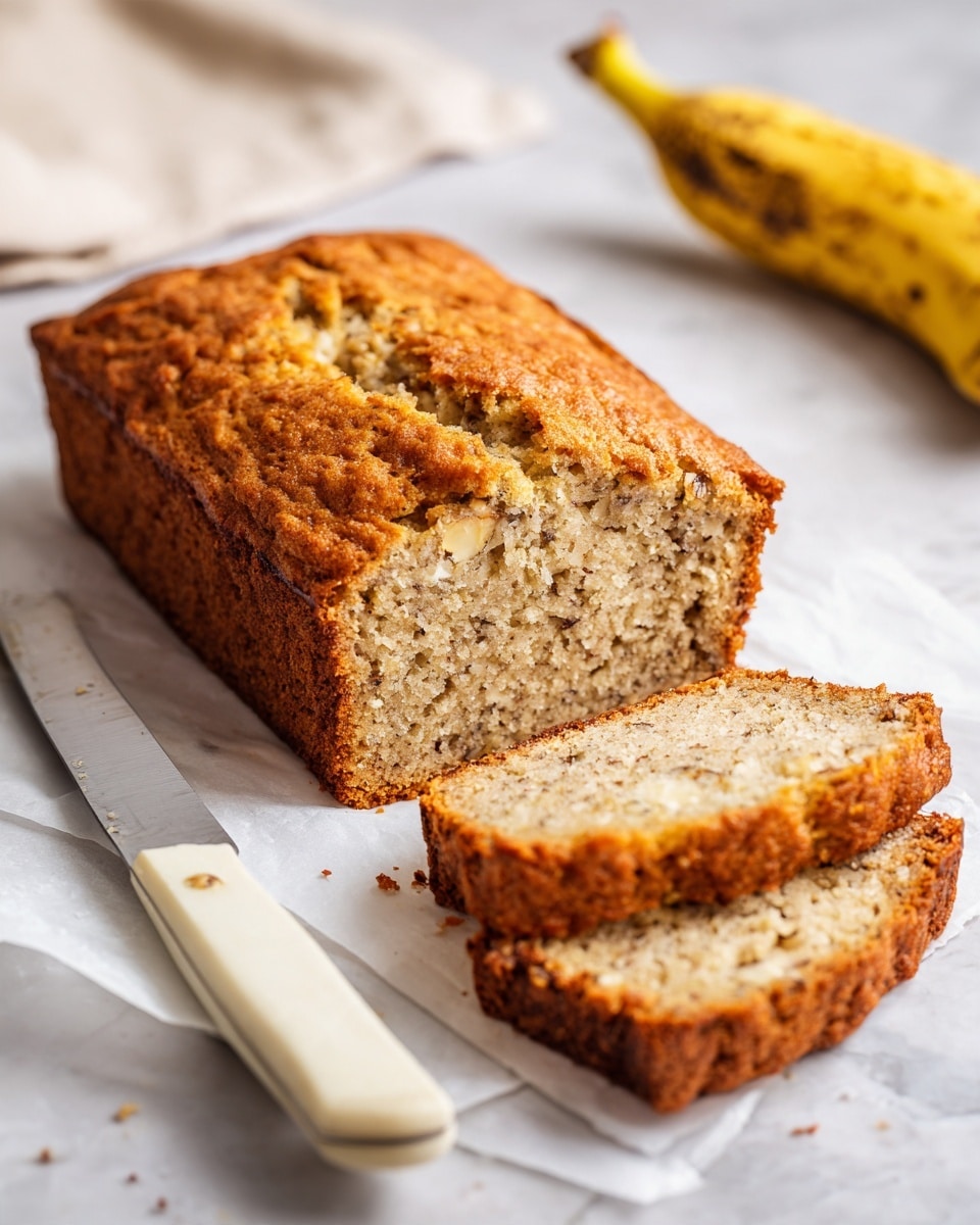The image shows a loaf of banana bread placed on a white marble surface, resting on white parchment paper. The loaf is golden brown and textured with small visible bits inside, indicating nuts or banana pieces. Two slices of the bread are laid flat in front, showing a soft and dense interior that is light brown with tiny darker spots. A large, white-handled knife with a wooden blade handle lies next to the bread on the right side, and a ripe banana with brown spots is positioned diagonally in the upper right corner. The scene is softly lit, highlighting the warm tones of the bread and banana. Photo taken with an iphone --ar 4:5 --v 7
