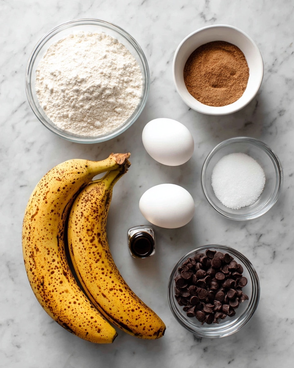 The image shows ingredients laid out on a white marbled surface. There are two ripe, yellow-brown spotted bananas placed at the bottom left. Near the bananas towards the right are two white eggs. Above the eggs is a small clear glass bowl with a white powdery ingredient, likely flour. To its right, another clear glass bowl holds light brown sugar. Above that is a white bowl filled with small dark chocolate chips. Next to the chips, on the far left, a white bowl contains white granulated sugar. Near the center, there is a small dark bottle of vanilla extract lying flat. photo taken with an iphone --ar 4:5 --v 7
