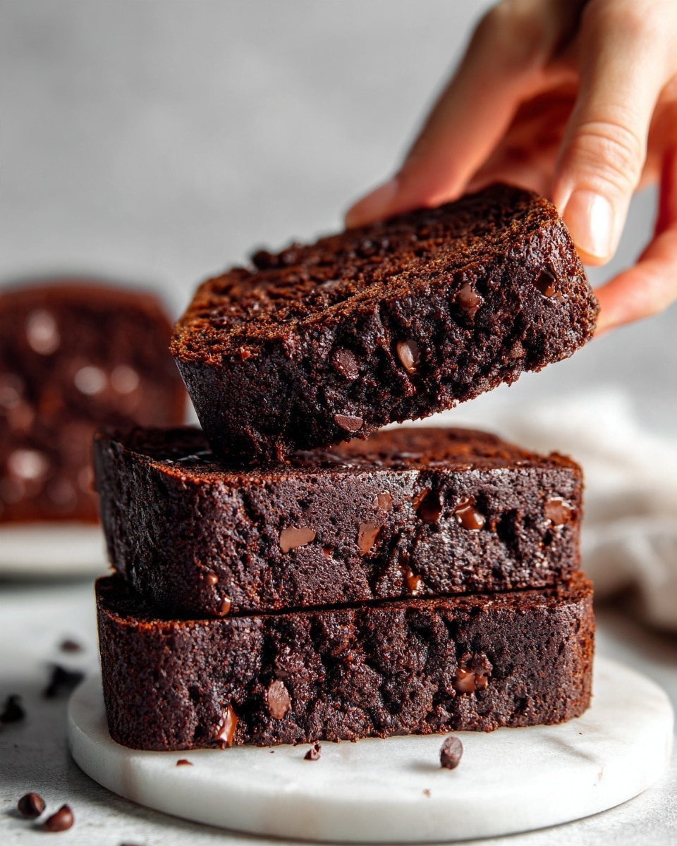 The image shows two thick slices of dark brown chocolate bread stacked on a white marble surface, with a woman's hand holding a third slice above the stack. The bread has a moist texture with many small chocolate chips spread evenly throughout. The surface is smooth and shiny from the chocolate, giving it a rich look. The background is softly blurred with more slices of bread visible in the distance. The lighting highlights the texture and chocolate details clearly. photo taken with an iphone --ar 4:5 --v 7