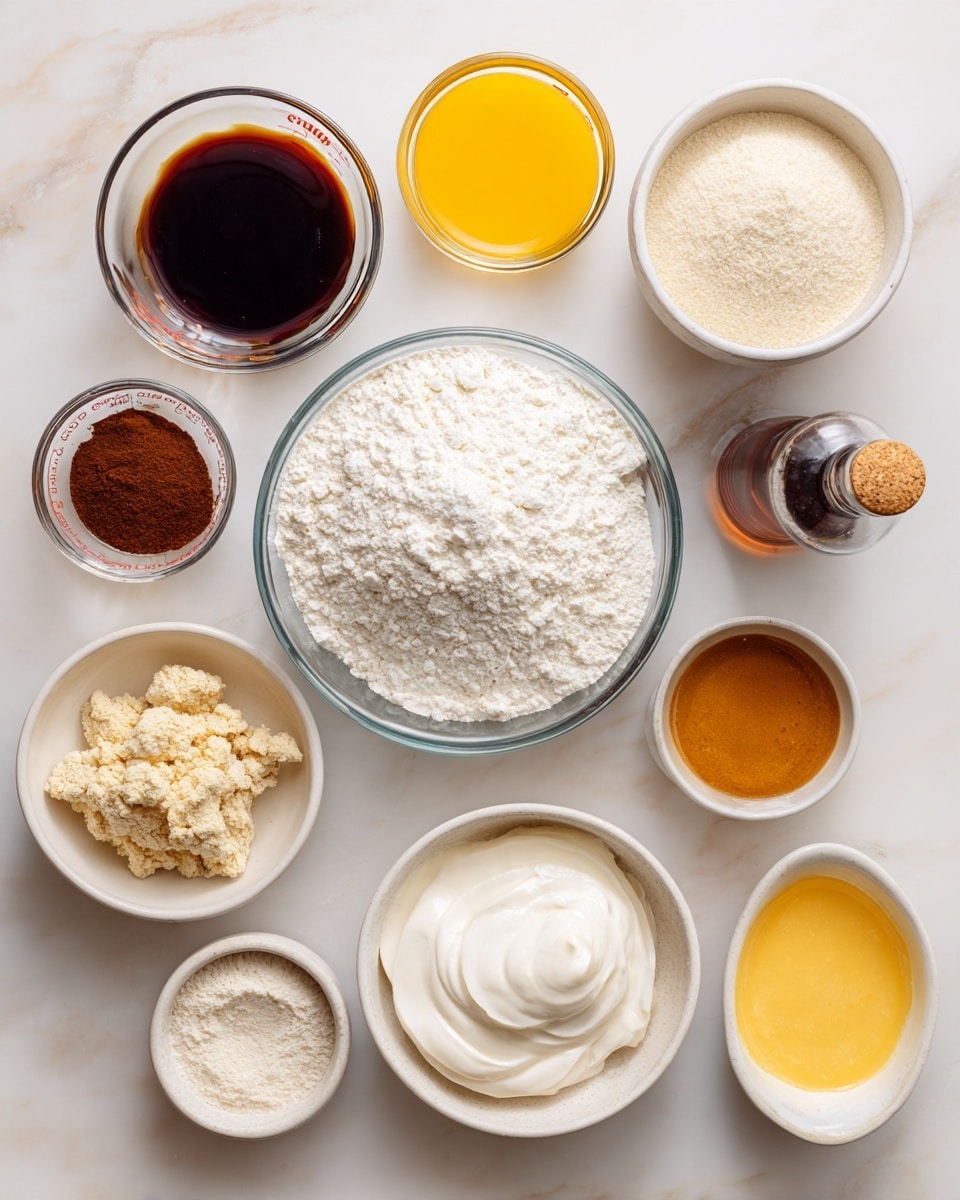 The image shows several small white bowls and two glass measuring cups arranged neatly on a white marbled surface. In the center, there is a larger glass bowl filled with white flour. Surrounding it are smaller bowls containing various ingredients: a yellow liquid, a light yellow liquid, a brown liquid, a white powder, light brown powder, a dark brown powder, a dark sauce in a bottle, a bowl with a beige crumbly substance, a bowl with a thick white cream, and a small bowl with a bright yellow liquid. The bowls have smooth textures, and everything is placed neatly with soft natural light highlighting the colors and textures of each ingredient. photo taken with an iphone --ar 4:5 --v 7