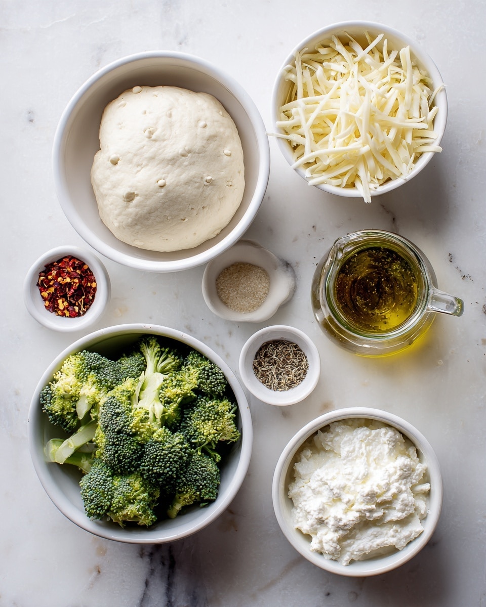 The image shows several small white bowls and a glass jar arranged on a white marbled surface. One bowl contains a round piece of smooth, pale dough with slight dimples on top. Another bowl holds bright green broccoli florets with a slightly rough texture. A third bowl is filled with shredded pale-yellow cheese with thin strands layered loosely. A small bowl contains white ricotta cheese with a whipped, creamy texture. Another small white bowl from above has a mix of coarse spices, including black pepper, salt, and dried herbs. A glass jar with a handle holds golden olive oil with red chili flakes inside. All items are neatly spaced and presented clearly. photo taken with an iphone --ar 4:5 --v 7