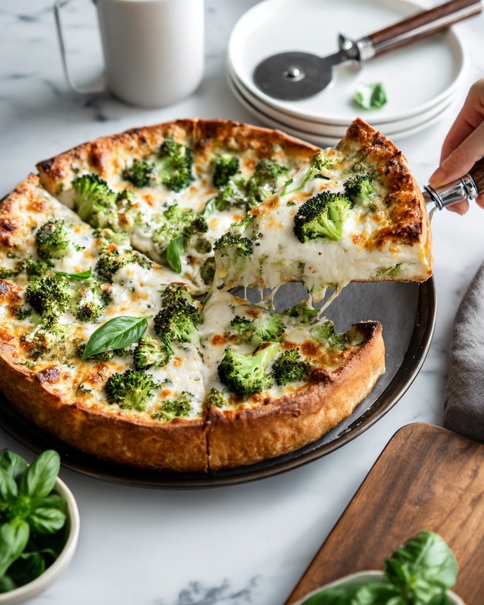 A whole pizza with one slice being lifted by a woman's hand using a metal spatula with a wooden handle shows three visible layers: a thick, golden-brown crust as the bottom layer, a creamy white cheese layer spread evenly across the pizza as the middle layer, and bright green broccoli pieces scattered on top as the final layer; the pizza is on a dark tray set on a white marbled surface, with a white plate, a pizza cutter with a black handle resting on a wooden board, and a small white bowl with fresh green basil nearby. photo taken with an iphone --ar 4:5 --v 7