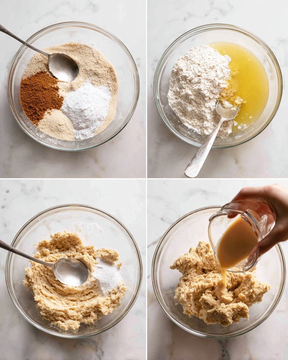 Four clear glass bowls are shown in a collage on a white marbled surface. The first bowl has three layers: a yellow liquid base on the right, a white powder (flour) on the left, and a small heap of brown powder (cinnamon) and white powder (baking soda and salt) on the bottom left. A metal spoon is placed in the bowl. The second bowl shows the ingredients partially mixed, with clumps of beige dough and white flour scattered around, the spoon still inside. In the third bowl, a woman's hand holds a small clear cup pouring a light brown liquid into the dough, which is uneven and chunky with flour patches, and the spoon remains inside. The fourth bowl displays a smooth, mixed beige batter with a slightly chunky texture, spread evenly with the spoon resting inside. photo taken with an iphone --ar 4:5 --v 7