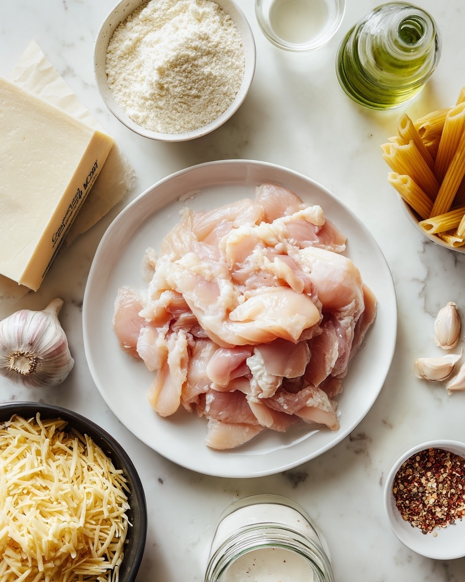 The image shows a white plate with several raw pieces of light pink chicken placed in a somewhat layered and overlapping arrangement at the center. Around the plate are other ingredients on a white marbled surface: a block of cream cheese with its box, a small round bowl filled with creamy white powder, a black bowl heaped with pale yellow shredded cheese, a small glass bottle with green liquid, a packet of penne pasta, a small white bowl with a mix of white and reddish-brown spices, a garlic bulb, and a short glass jar with white contents. The scene is bright and clean. photo taken with an iphone --ar 4:5 --v 7