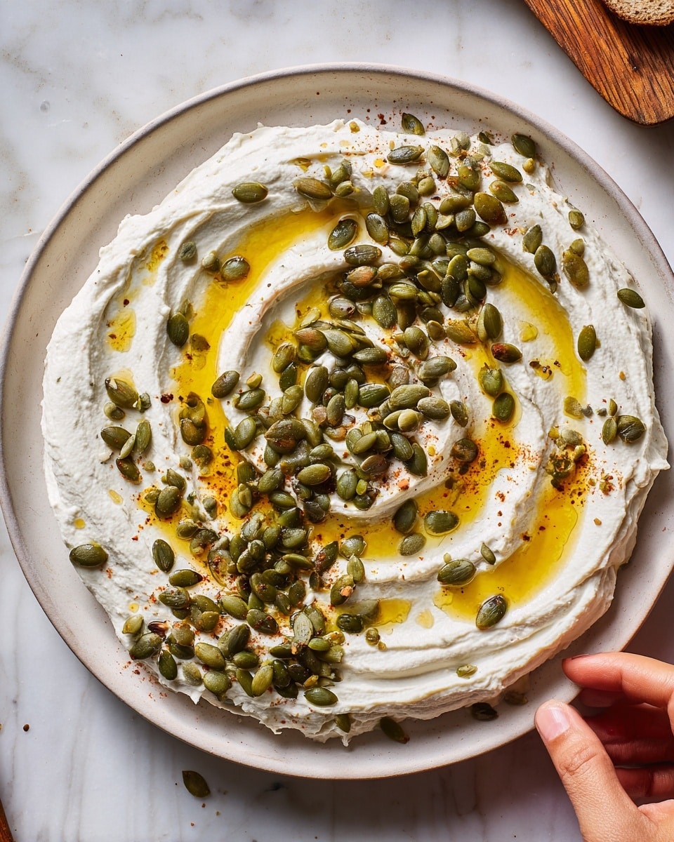 The image shows a close-up of a white plate filled with a creamy, thick dip spread evenly in one layer. The top of the dip has a drizzle of golden olive oil creating small shiny pools. Scattered over the dip are clustered green pumpkin seeds and some coarse spices sprinkled lightly, adding texture and color contrast. The plate is placed on a white marbled surface with a wooden chopping board partly visible at the top right side. A woman's hand is lightly touching the edge of the plate from the right side. Photo taken with an iphone --ar 4:5 --v 7