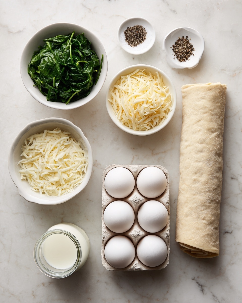 The image shows six cooking ingredients arranged on a white marbled surface. At the top center, there is a small white bowl with salt and black pepper placed side by side. To the left, a small white bowl filled with bright green chopped spinach leaves. Below it, another small white bowl holds a pile of shredded pale yellow cheese. To the right of this, a rolled sheet of pale beige dough lies flat. Below the cheese bowl, there is a small glass jar filled with white creamy liquid, and at the bottom center, a white egg carton holds six white eggs. Photo taken with an iphone --ar 4:5 --v 7