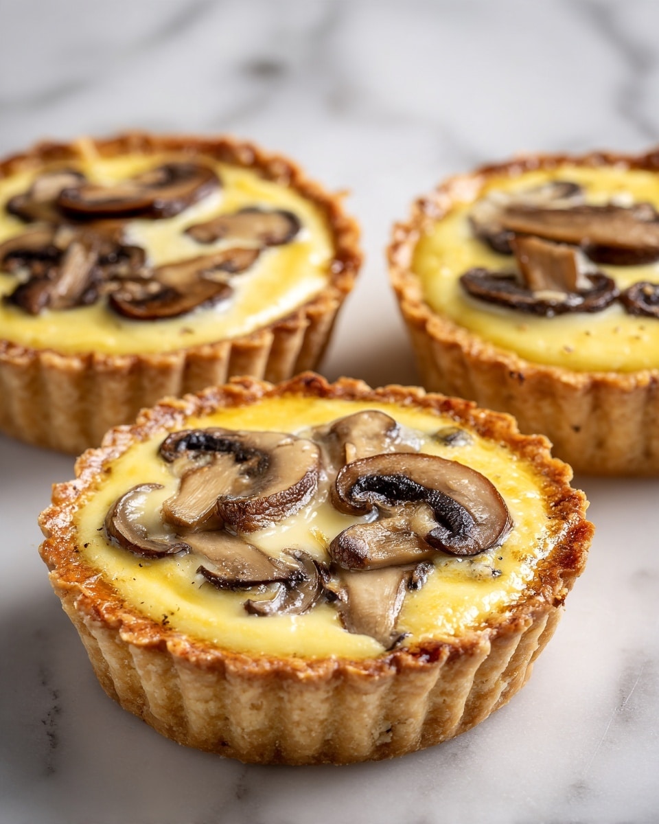 The image shows three small tarts with golden, crisp crusts filled with a creamy yellow mixture that contains sliced mushrooms on top. The mushrooms are brown with varied shapes and sizes, scattered evenly in each tart. They sit on a shiny, white marbled surface with soft lighting highlighting the flaky edges of the crust. The tarts are arranged diagonally across the frame, focusing closely to show their texture and color contrast. Photo taken with an iphone --ar 4:5 --v 7