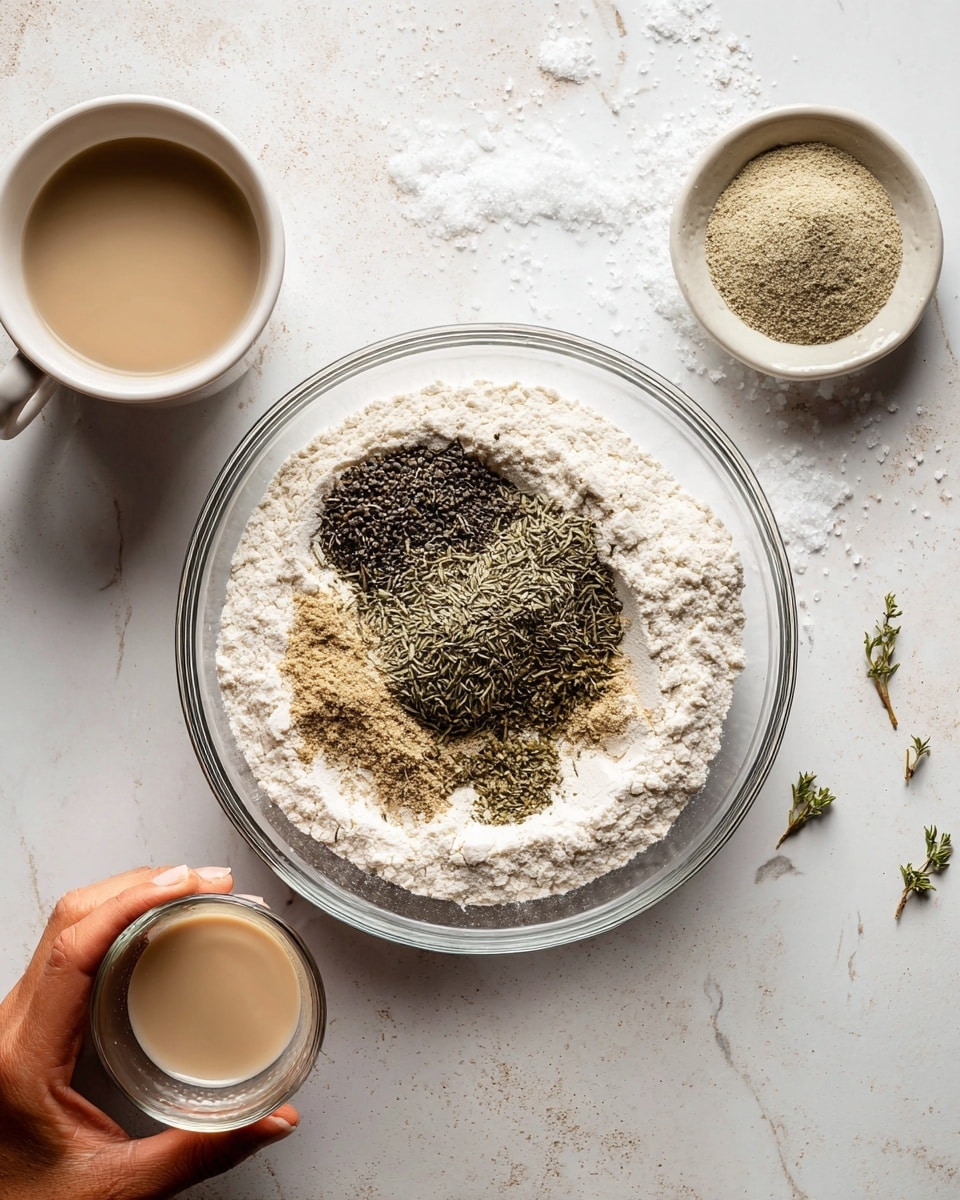 The image shows a clear glass bowl with three layers inside: the bottom layer is plain white flour, on top of it is a layer of black and green dried herbs, and the top layer is light brown powder scattered over the herbs. Around the bowl, on a white marbled surface, there is a small white bowl with a light brown powder, a tiny clear glass filled with white salt, and a woman's hand holding a small clear glass cup with a light beige liquid. A few small green herb leaves lay scattered on the surface. Photo taken with an iphone --ar 4:5 --v 7