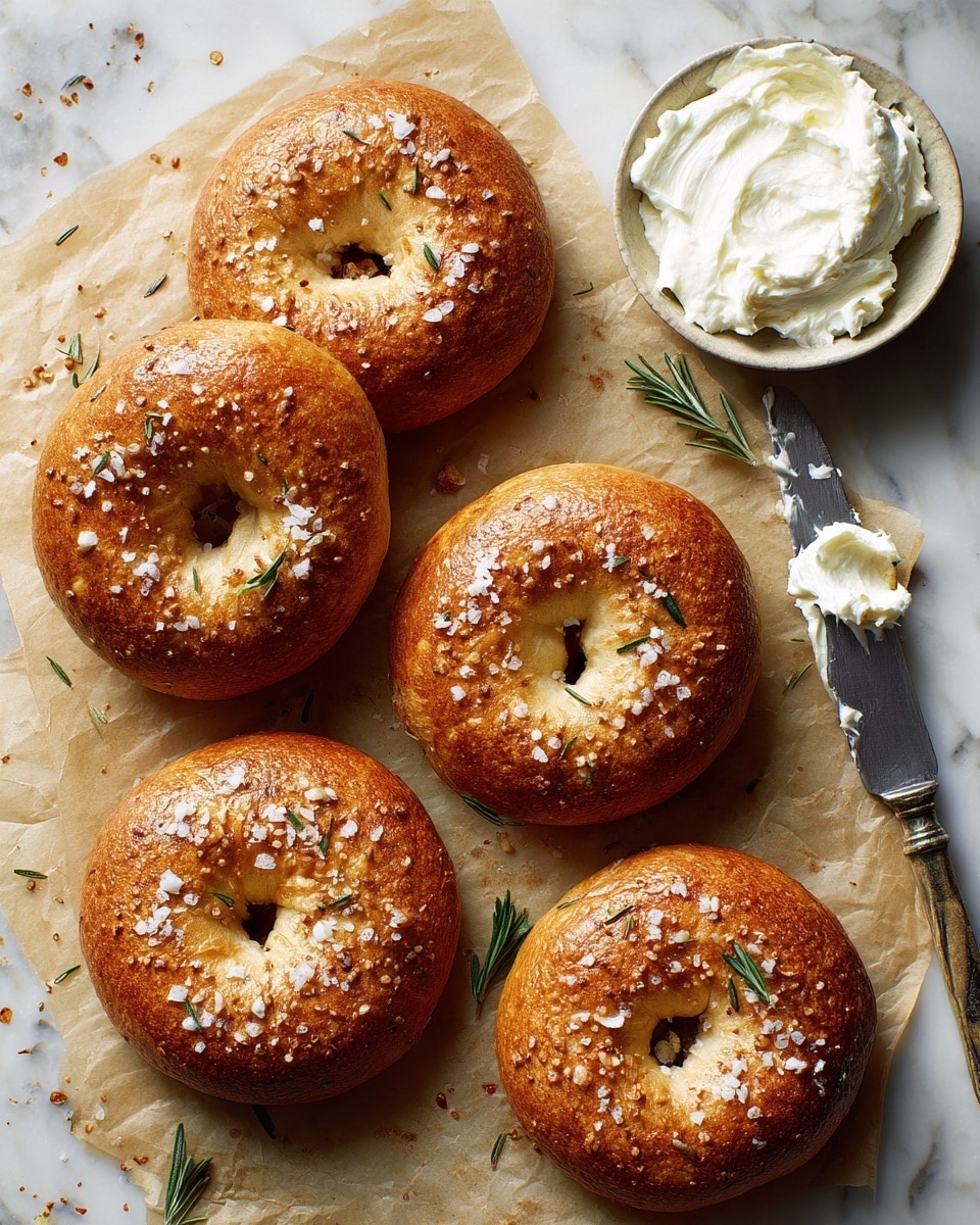 Five round bagels with a golden brown crust are arranged on light brown parchment paper on a white marbled surface. Each bagel is topped with coarse salt and a few small green rosemary leaves scattered on and around them. At the top right, there is a small bowl filled with white cream cheese. A silver knife with cream cheese spread on the tip lies diagonally at the bottom right corner of the image. The overall lighting is bright and natural, making the bagels look crispy and fresh. Photo taken with an iphone --ar 4:5 --v 7