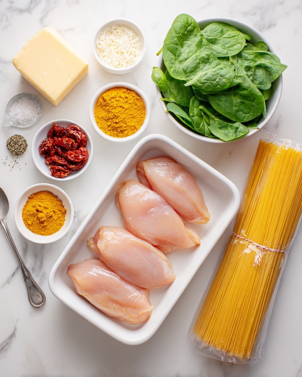 The image shows a white rectangular dish with four raw chicken fillets placed side by side on the right. Around it are small white bowls filled with various ingredients: bright green fresh spinach leaves in a bigger bowl at top right, dried sun-dried tomatoes in a bowl at bottom left, and different spices in small bowls including yellow-orange turmeric powder and salt. A block of parmesan cheese and slices of butter are on the left side on a white marbled surface, alongside a measuring spoon. To the far right bottom edge, unopened spaghetti pasta in a clear package leans against the surface. The scene is bright and clean with a white marbled background. Photo taken with an iphone --ar 4:5 --v 7