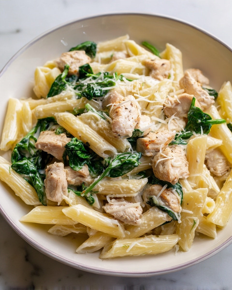 A close-up view of a bowl filled with creamy pasta mixed with pieces of light golden cooked chicken and fresh green spinach leaves. The pasta is penne, pale yellow in color, coated with a white creamy sauce. The chicken pieces are scattered evenly through the dish, showing a slightly browned texture on the outside. Grated cheese is sprinkled on top, adding a soft white layer. The bowl is white with a simple rim, placed on a white marbled surface. photo taken with an iphone --ar 4:5 --v 7