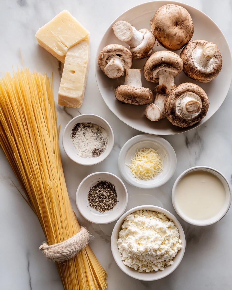 The image shows a white plate with mushrooms in the top right corner, placed on a white marbled surface. Below the plate, there are several small white bowls arranged in a loose circle, each containing different ingredients: grated cheese, black pepper, butter, cream, a white powder, and a white creamy mixture. To the left of the bowls, there is a bundle of uncooked spaghetti tied with a beige string, standing vertically on the surface. The colors are mainly soft beige, white, light yellow, and brown from the mushrooms, making the arrangement neat and clean. Photo taken with an iphone --ar 4:5 --v 7