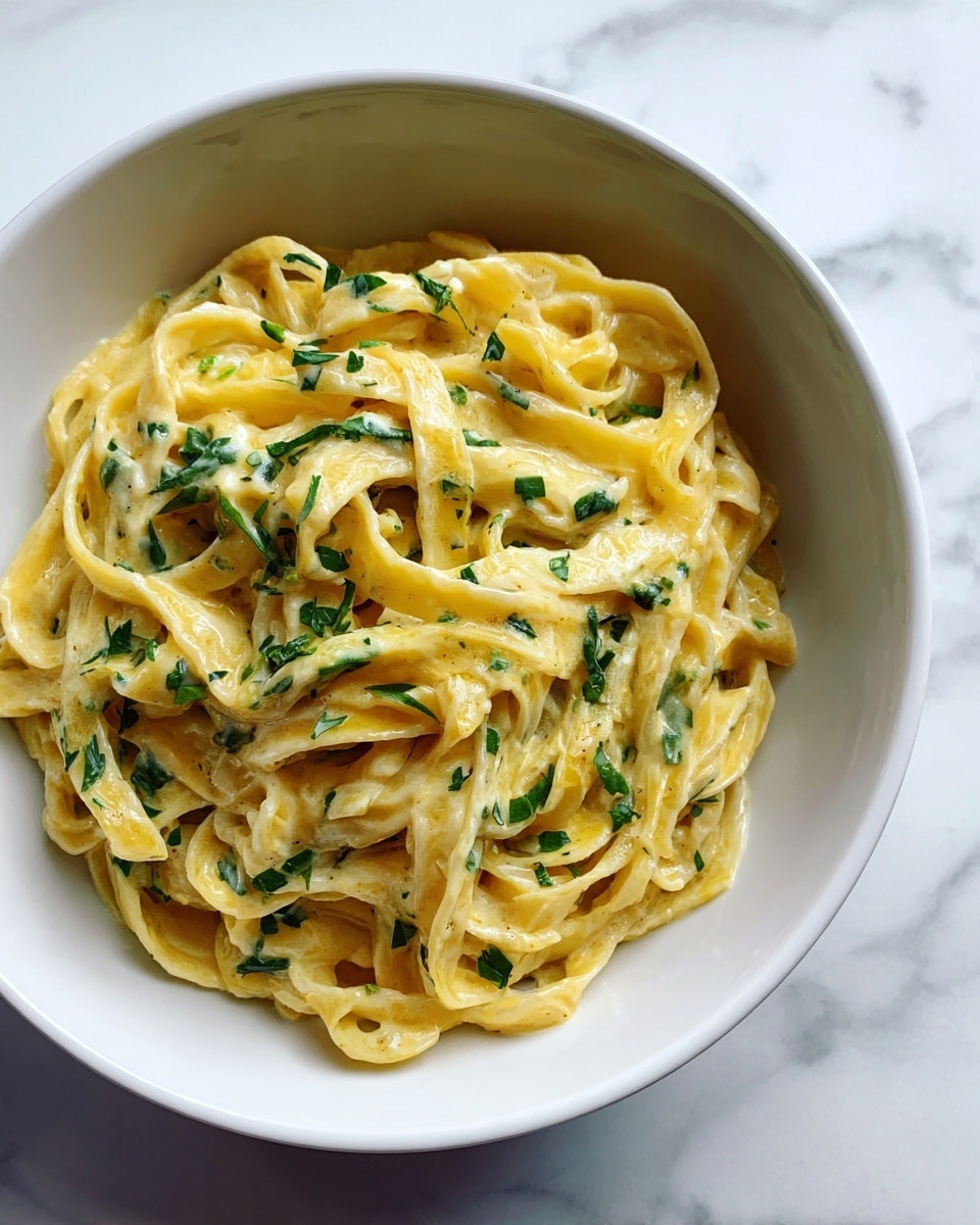 The image shows a close-up of a white bowl filled with fettuccine pasta coated in a creamy yellow sauce mixed with small green herbs. The pasta strands are thick and slightly twisted, with the sauce evenly covering each noodle. The bowl sits on a white marbled surface, and the texture of the sauce looks smooth and rich. photo taken with an iphone --ar 4:5 --v 7