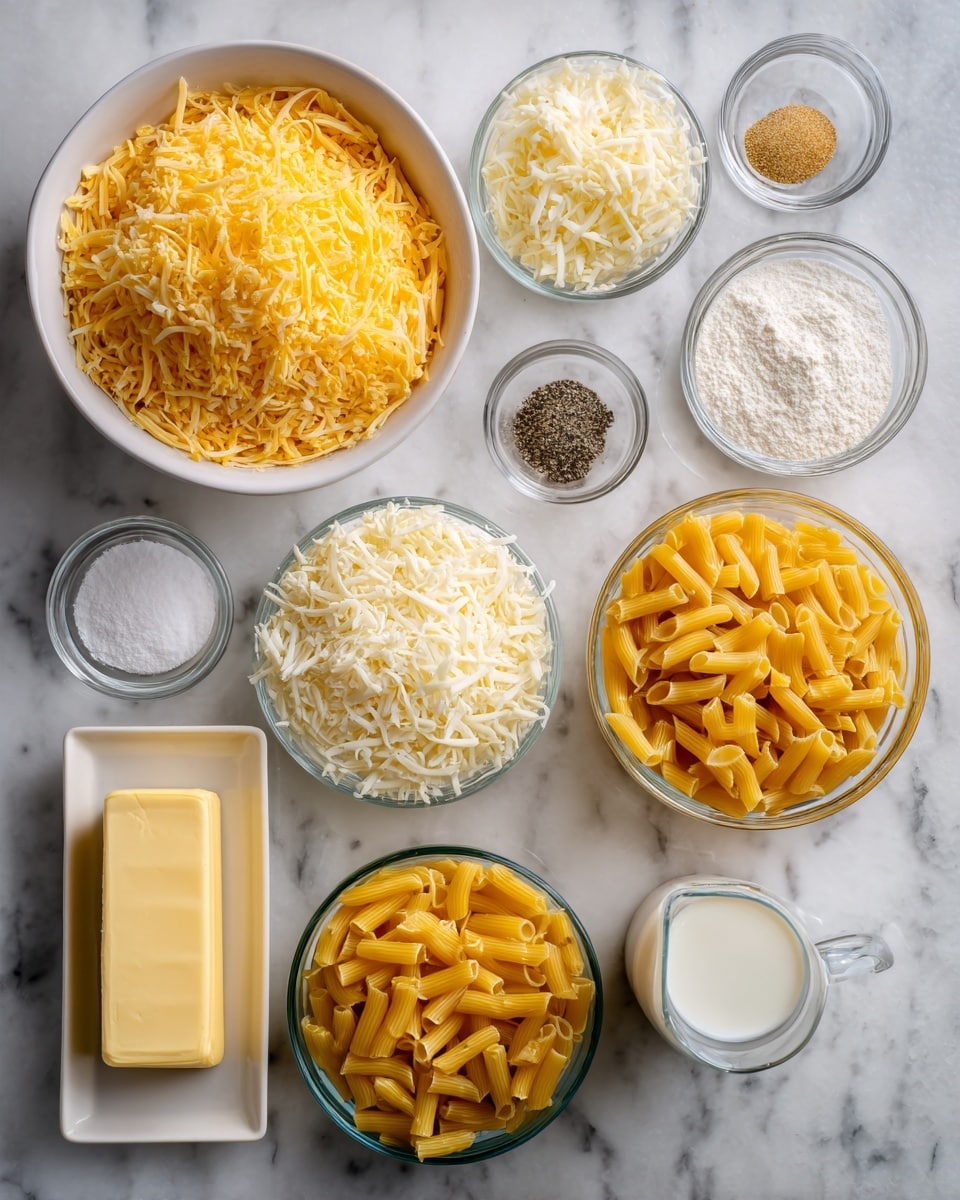 The image shows a white marbled surface with several clear glass bowls and dishes arranged neatly. There is a large white bowl filled with shredded yellow cheese, a smaller white bowl with shredded mozzarella cheese, and a bowl containing dry elbow macaroni pasta that is yellow-orange in color. Several small glass bowls hold ingredients like ground black pepper, minced garlic, and flour, while a small measuring cup contains milk. A rectangular white dish holds a stick of yellow butter. The items are spaced evenly in a grid-like pattern. Photo taken with an iphone --ar 4:5 --v 7