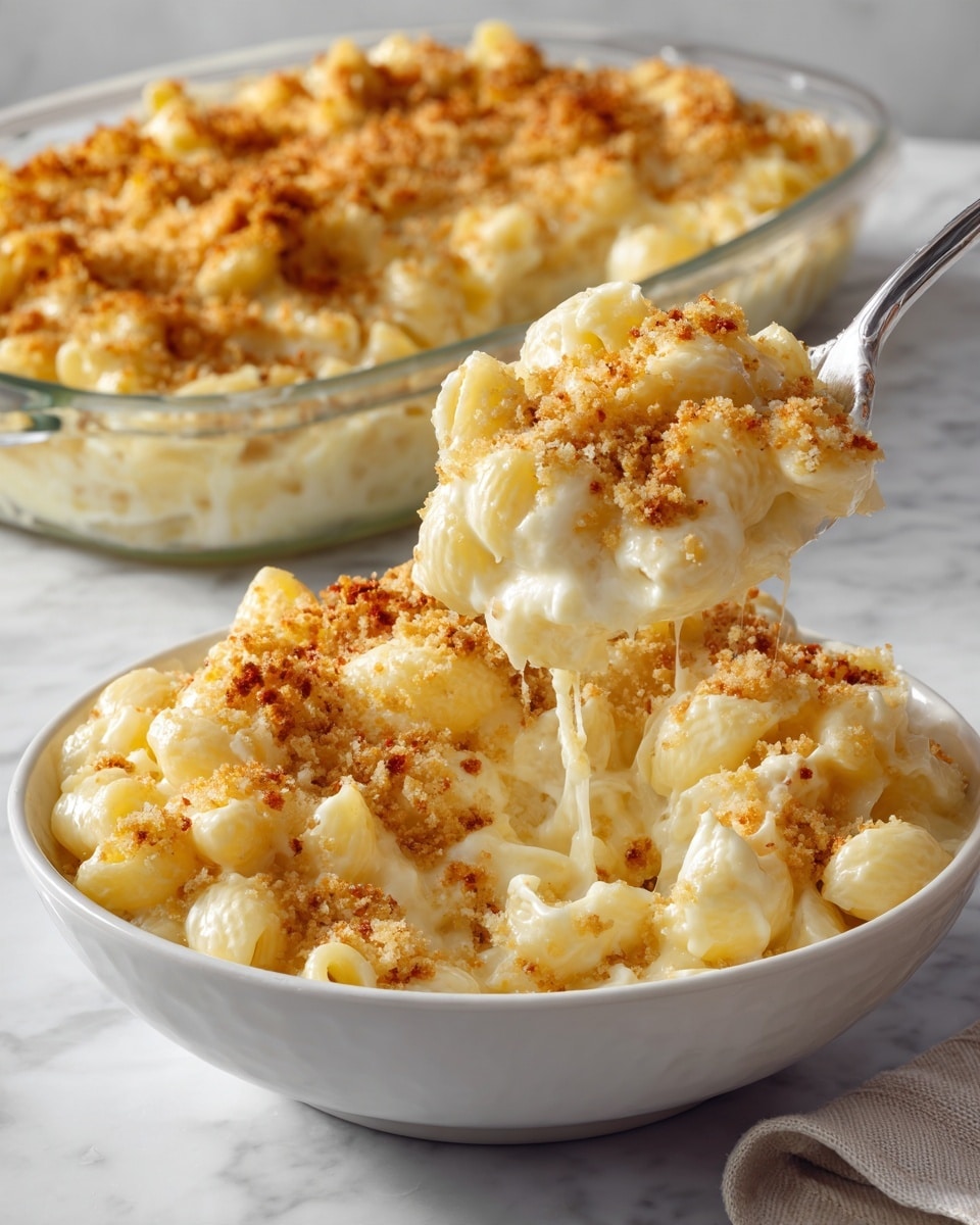 The image shows a white ceramic bowl filled with creamy macaroni and cheese topped with a golden brown crumbly layer, with a spoon lifting a scoop from the bowl. In the background, there is a round glass baking dish filled with the same macaroni and cheese, also topped with the golden crumb layer. The macaroni is pale yellow with a smooth and cheesy texture, and the crumb topping is crunchy and slightly browned. Everything is set on a white marbled surface. photo taken with an iphone --ar 4:5 --v 7