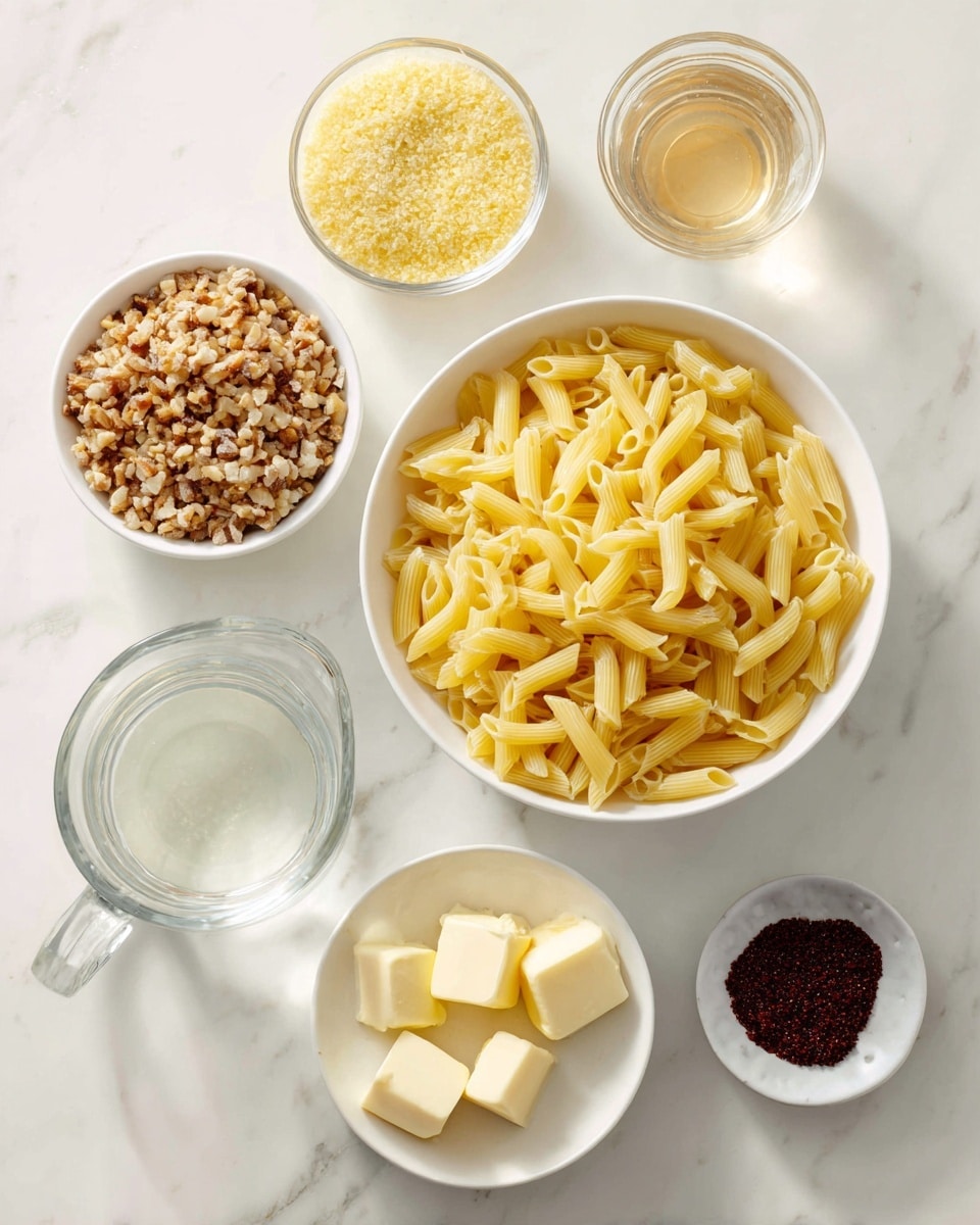 The image shows six white bowls arranged on a white marbled surface. The largest bowl in the center is filled with yellow uncooked pasta. To the top left of this bowl is a measuring glass containing crushed nuts. To its right, a small white bowl holds yellow breadcrumbs. Next to that is another small white bowl with a light brown liquid. Below the large pasta bowl on the right, a white bowl contains dollops of butter. To the left of the butter bowl, there is a clear glass pitcher of water. Finally, to the right of the pasta bowl near the bottom right corner, a small white bowl holds a dark reddish-brown substance. The photo is taken with an iphone --ar 4:5 --v 7