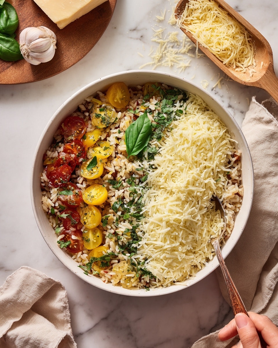 A white round bowl filled with a layered rice dish, showing a base of light brown cooked rice mixed with small pieces of vegetables and herbs. On top, a thick layer of grated white cheese covers most of the surface, scattered with a few small yellow tomatoes peeking through. Bright green basil leaves are spread over the cheese layer, adding a fresh pop of color. A woman's hand is holding a spoon with a brown handle, resting inside the bowl on the right side. The bowl is placed on a white marbled surface with a beige cloth, garlic, and a wooden scoop filled with cheese nearby. Photo taken with an iphone --ar 4:5 --v 7