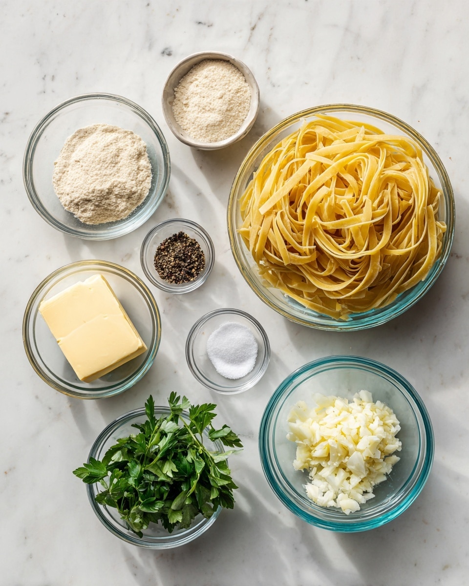 The image shows seven small clear glass bowls arranged on a white marbled surface. The largest bowl on the top right is filled with uncooked, golden-yellow pasta noodles. Below it to the center right is a small bowl with minced garlic, white and slightly chunky. To the top left is a bowl holding a pale beige powder, likely flour. Next to it is a very small bowl with black pepper seeds. Below the flour and pepper is a tiny bowl with white salt crystals. Near the center bottom is a bowl with a small bunch of fresh green parsley leaves. To the bottom left is a bowl with a pale yellow block of butter. The bowls are spread out with some space between them, showing a clean and organized layout, photo taken with an iphone --ar 4:5 --v 7