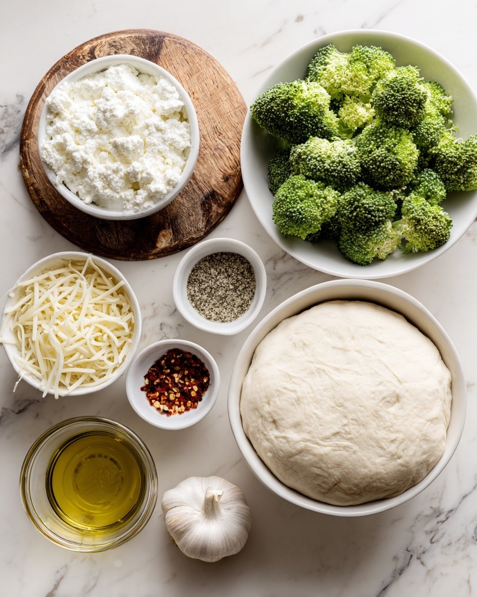 The image shows a white bowl filled with raw pizza dough placed on a white marbled surface. Next to it is a smaller white bowl with bright green broccoli florets. Near the top left, a round wooden board holds three items: a white bowl filled with thick white ricotta cheese, a small white bowl containing a mix of black pepper, salt, and dried herbs, and a larger white bowl full of shredded mozzarella cheese. Below the board, there is a glass container with golden olive oil and red chili flakes on the white marbled surface. A whole bulb of garlic sits near the broccoli bowl. The photo is taken with an iphone --ar 4:5 --v 7