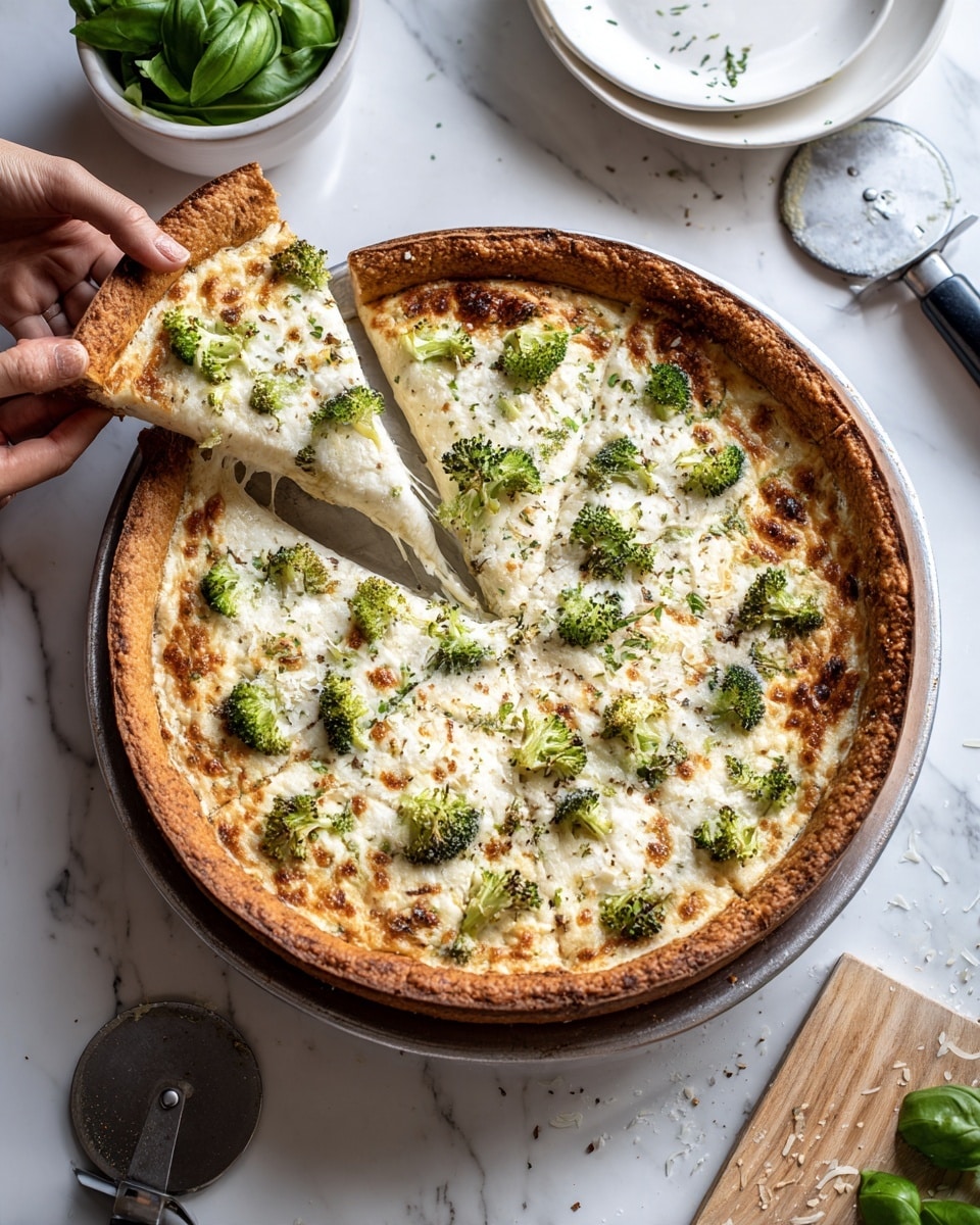 A round pizza with a golden brown thick crust sits on a metal pizza peel held by a woman's hands, with one slice being lifted slightly. The pizza has one main layer of white melted cheese spread across the surface, scattered with small green broccoli florets and thin slices of white garlic. The cheese shows a few browned spots, adding texture. The scene is set on a white marbled surface with a small white bowl of fresh green basil leaves and a white plate with a black-handled pizza cutter resting on a wooden cutting board nearby. Photo taken with an iphone --ar 4:5 --v 7