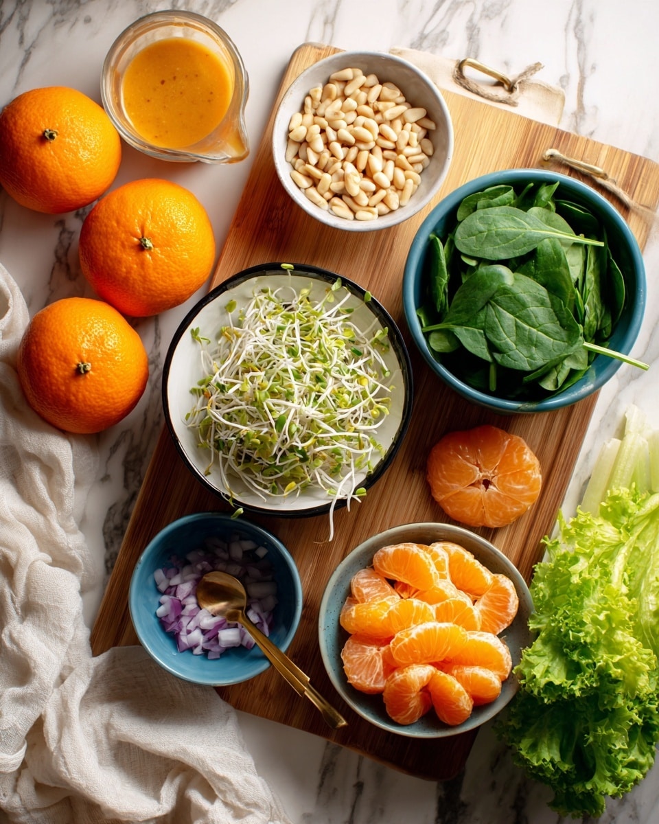 A wooden cutting board is placed on a white marbled surface, holding a variety of fresh ingredients in bowls and loose on the board. Starting from the top right, there is a white bowl filled with white pine nuts. Next to it, a blue bowl is filled with fresh green spinach leaves. Below these, a white bowl with a black rim contains a heap of white and green sprouts. To the right, another blue bowl holds bright orange mandarin segments. At the bottom left, a smaller blue bowl contains chopped red onions. A golden spoon with some orange dressing lies near the onion bowl on the board. On the left side of the board, three whole oranges are placed close to each other. At the bottom right corner, a bunch of fresh green curly lettuce rests partially covered by a white cloth napkin. Near the top left, there is a small glass measuring cup filled with orange salad dressing. The whole setting is bright and fresh, arranged neatly with a white marbled texture in the background, photo taken with an iphone --ar 4:5 --v 7