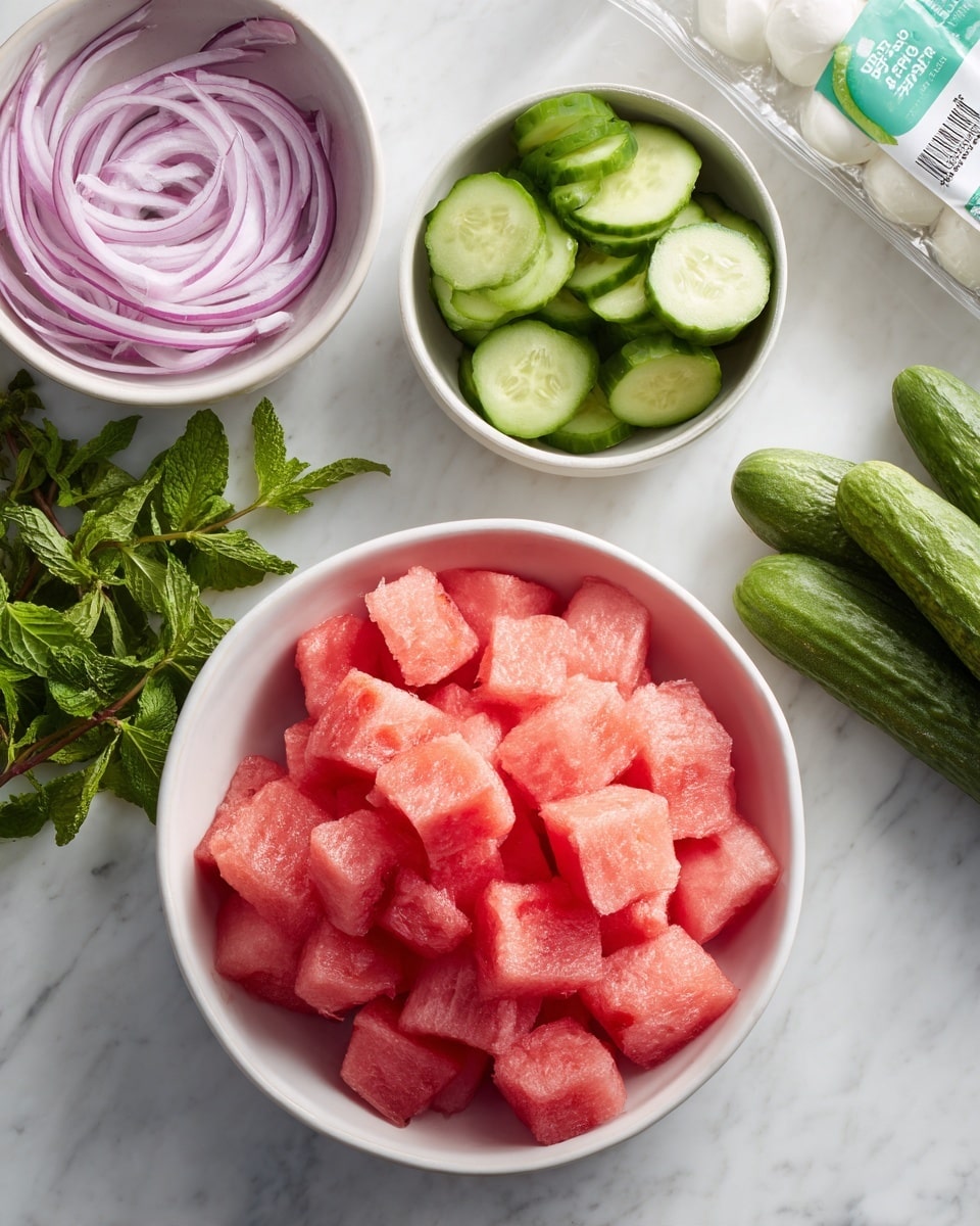 The image shows four white bowls on a white marbled surface. The largest bowl in the front is full of small, bright pink watermelon cubes with a smooth texture. Behind it to the left is a medium bowl with thin slices of light purple-red onion. To the right of the onion bowl, there is a small bowl filled with thick, round green cucumber slices showing the inner pale green flesh. Next to these bowls is a fresh bunch of dark green mint leaves. Above and slightly to the right, there is a white package of fresh mozzarella cheese. The scene is clean and fresh with bright natural colors. photo taken with an iphone --ar 4:5 --v 7