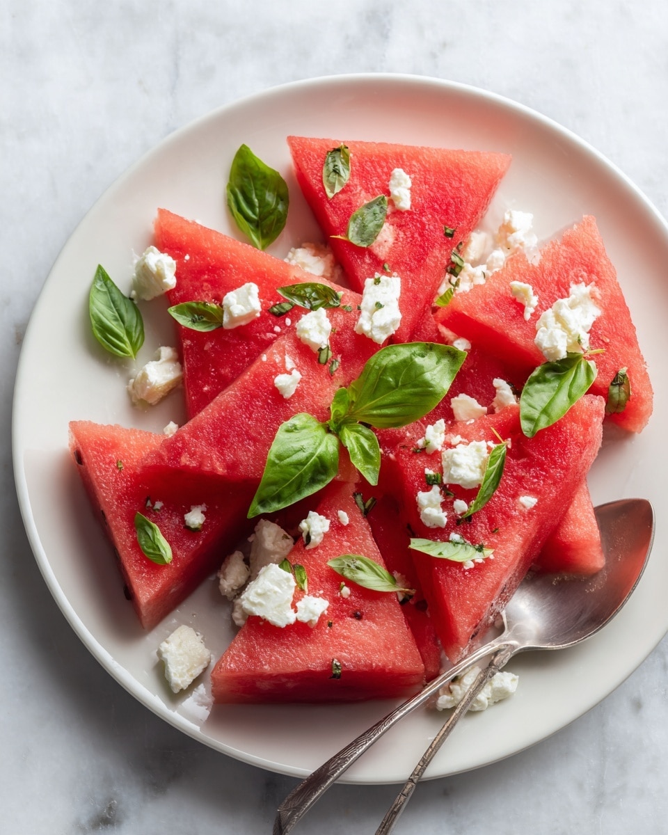 The image shows a white round plate filled with several triangular slices of bright red watermelon. Scattered on top are small chunks of white cheese that look soft and crumbly. Fresh green basil leaves are spread evenly across the watermelon, adding a pop of color. A silver spoon is placed on the side inside the plate. The background is a white marbled surface. photo taken with an iphone --ar 4:5 --v 7