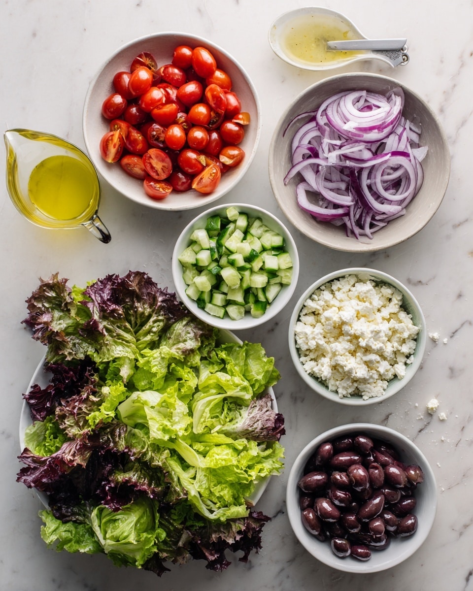 The image shows several small white bowls arranged on a white marbled surface, each containing different salad ingredients. One bowl holds bright red cherry tomatoes cut in halves, another has thinly sliced purple onions, and a third contains small, chopped green cucumber pieces. There is a small bowl filled with crumbled white feta cheese and another with dark purple olives. A clear measuring cup with yellow salad dressing is also visible. In the foreground, there is a pile of mixed leafy greens including green and purple lettuce leaves. The scene looks fresh and colorful, with the ingredients neatly placed for making a salad. Photo taken with an iphone --ar 4:5 --v 7