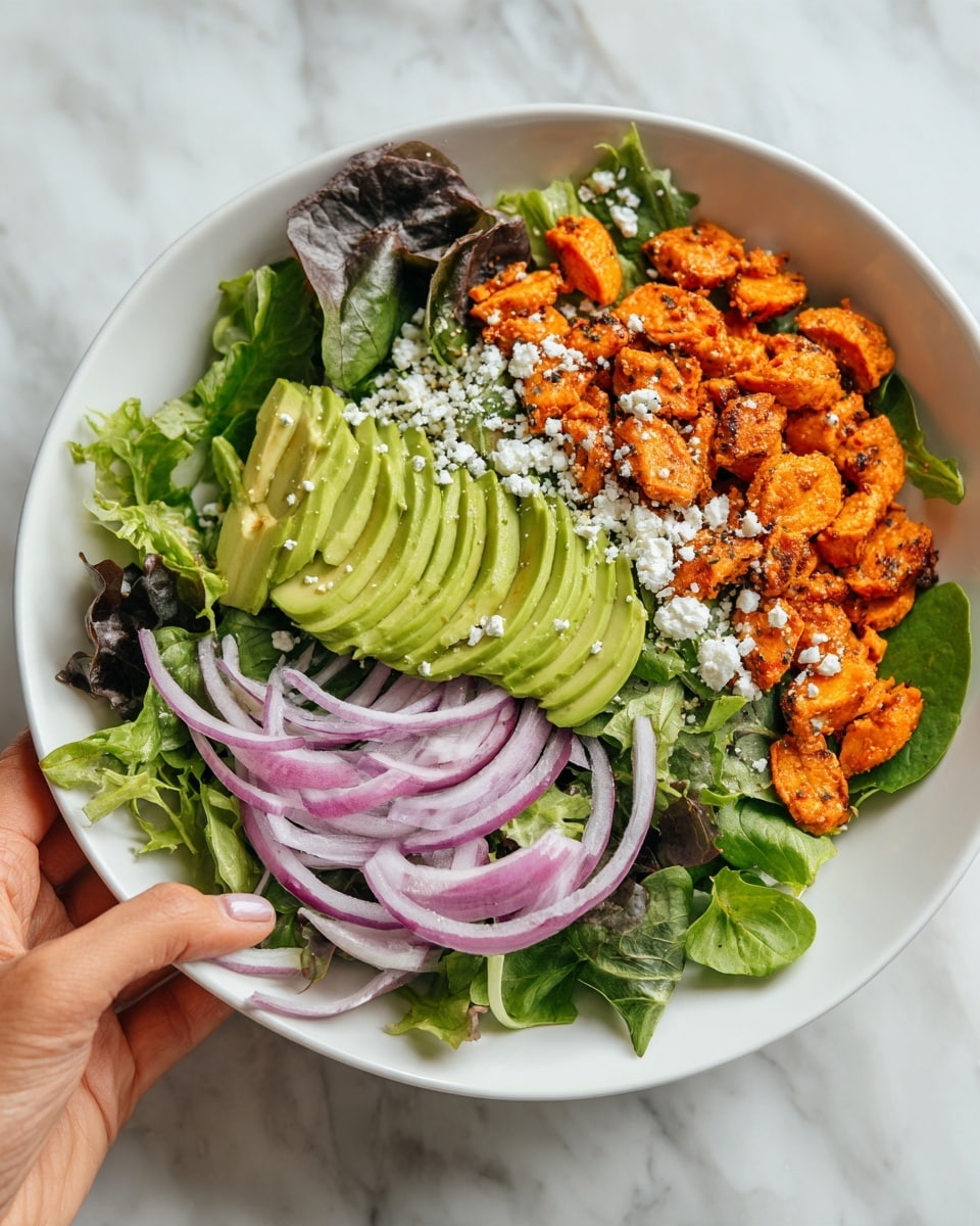 The image shows a fresh salad in a white bowl on a white marbled surface. The salad has three layers: the bottom layer is mixed green leaves with dark green and light green colors, the middle layer has sliced avocado with pale green and creamy textures arranged on one side, and the top layer features bright orange roasted pieces, thin red onion slices, and small white crumbles of cheese spread evenly. A woman's hand is reaching for the bowl from the right side. photo taken with an iphone --ar 4:5 --v 7