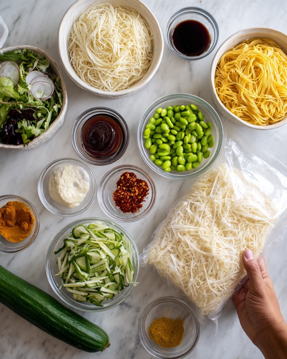 The image shows a white marbled surface with various small clear bowls and containers of colorful ingredients arranged neatly. There is a woman’s hand holding a plastic bag of shredded pale yellow cheese on the right side. The ingredients include cooked yellow noodles in a white bowl, bright green edamame beans in a white bowl, a white bowl with mixed greens and sliced radishes, small clear bowls with dark soy sauce, orange sauce, white creamy dressing, red chili flakes, and a golden yellow powder. There is also a long green cucumber lying on the surface. The image looks bright and clean, with each item clearly visible. photo taken with an iphone --ar 4:5 --v 7