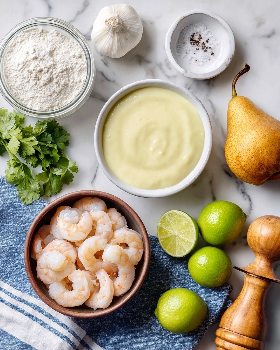 The image shows several ingredients arranged neatly on a white marbled surface. In the center, there is a small brown bowl filled with peeled shrimp. Above it, a small white bowl contains a smooth, pale yellow sauce. To the left, a glass jar holds white flour, with a garlic clove nearby. At the top left corner, a bunch of green cilantro adds a fresh touch. Next to the sauce bowl, a white dish holds coarse salt and pepper. On the right side, a whole brown pear rests partly on a blue and white striped cloth. At the bottom right, three whole limes and two lime halves add bright green color, alongside a wooden citrus juicer. All items are spaced evenly and appear fresh and ready for cooking. Photo taken with an iphone --ar 4:5 --v 7