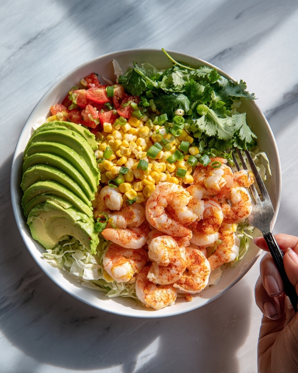 A white bowl filled with a vibrant shrimp salad is shown on a white marbled surface. The salad has several layers: at the bottom, there's a layer of shredded white cabbage or lettuce. On top, plump orange shrimp are spread evenly, some slightly curled. Surrounding the shrimp are bright yellow corn kernels and small red tomato pieces, adding a pop of color. On one side, slices of green avocado are fanned out smoothly. Fresh green cilantro leaves and chopped green onions are sprinkled over the top, adding texture. A woman’s hand holding a fork is partially visible on the edge, ready to take a bite. The lighting is bright and natural, making the colors stand out sharply. photo taken with an iphone --ar 4:5 --v 7